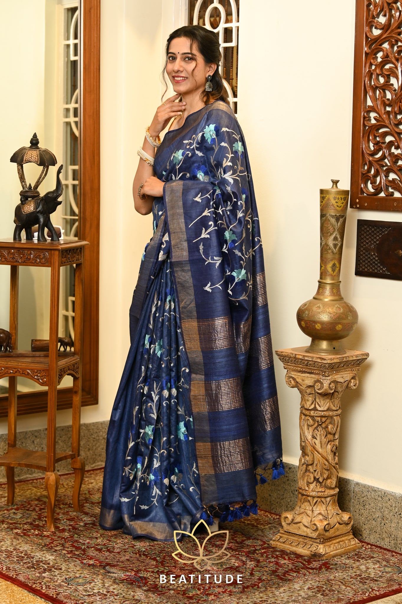 Blue Handwoven Tussar Silk Saree With Machine Embroidery
