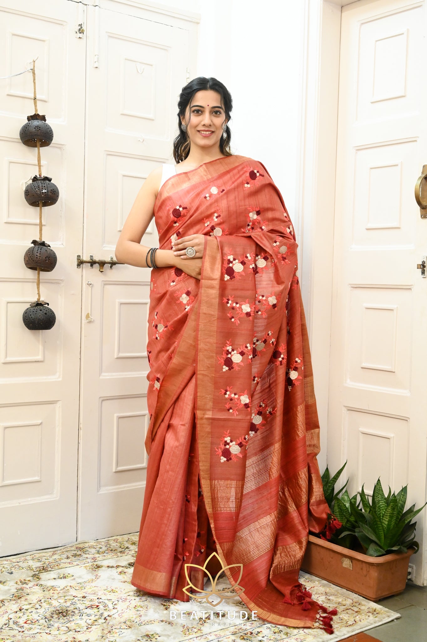 Rust Handwoven Tussar Silk Saree With Machine Embroidery