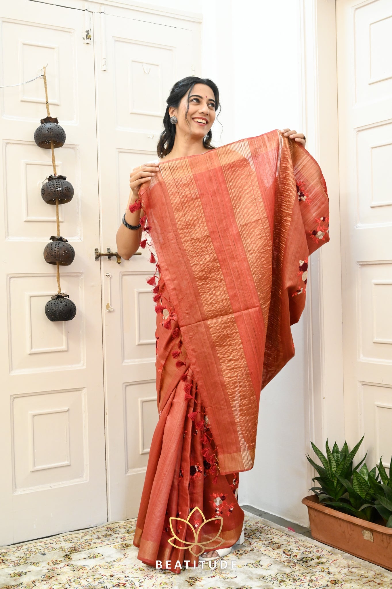 Rust Handwoven Tussar Silk Saree With Machine Embroidery