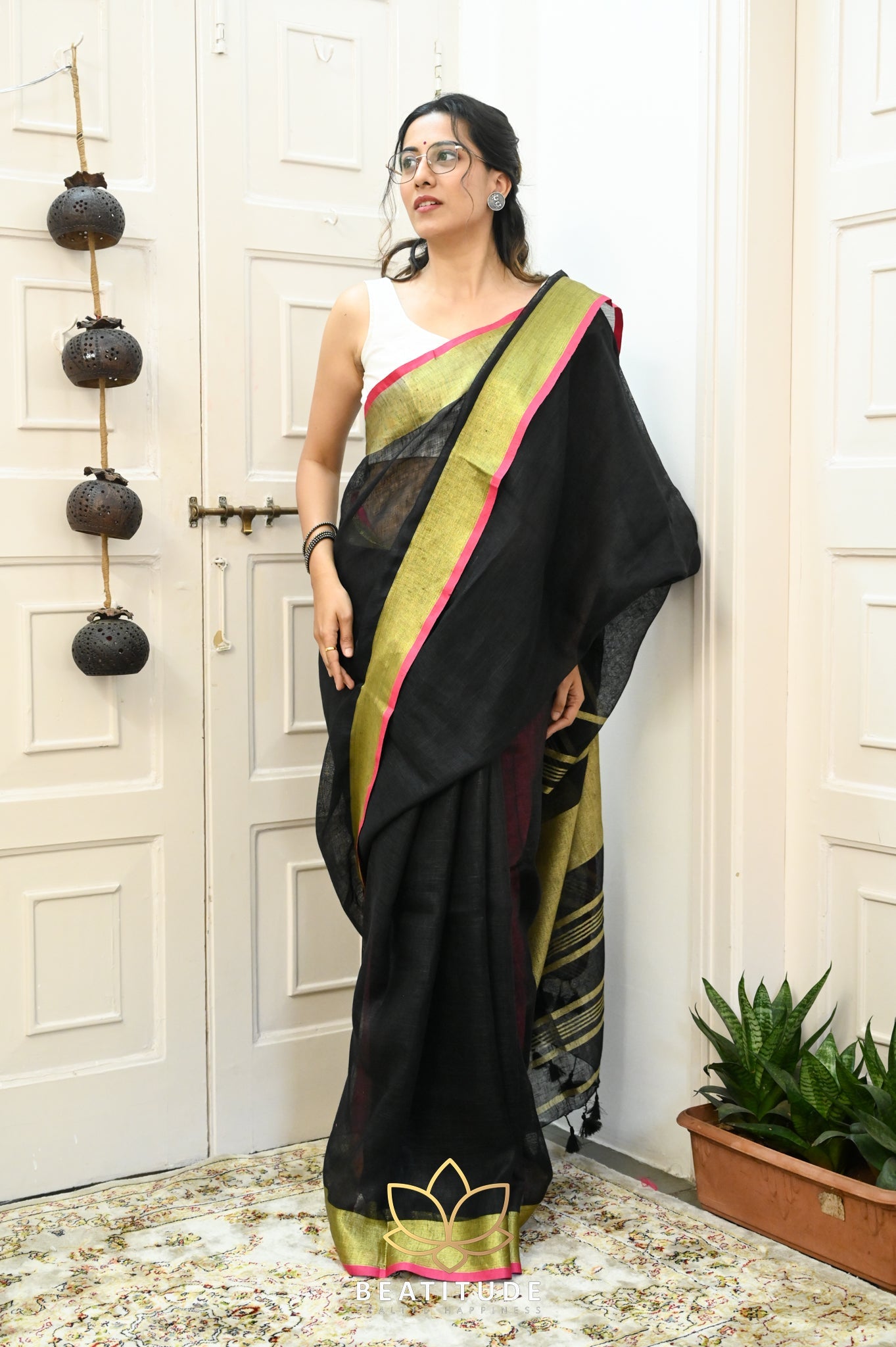 Black Handwoven Linen Saree