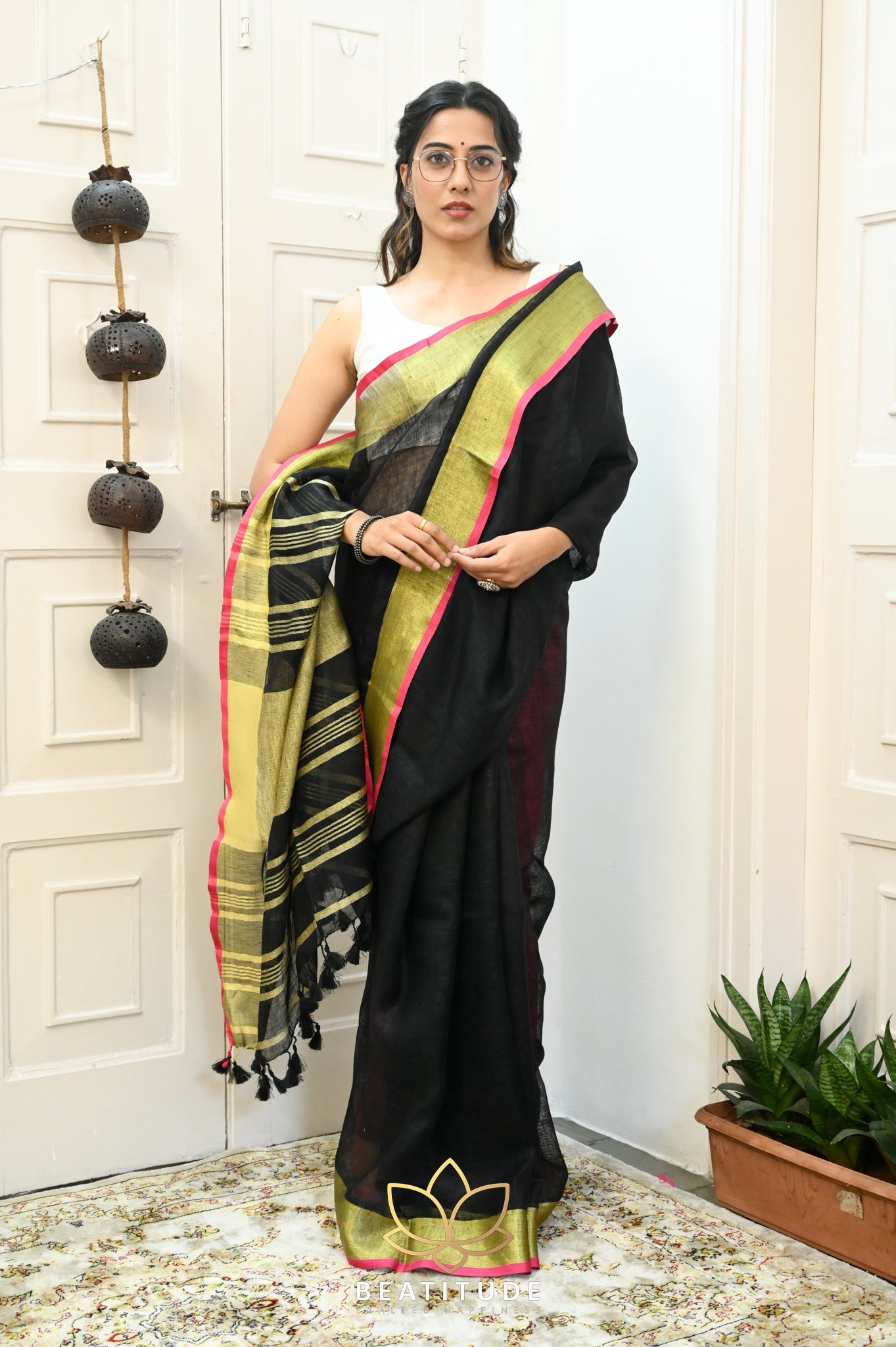 Black Handwoven Linen Saree