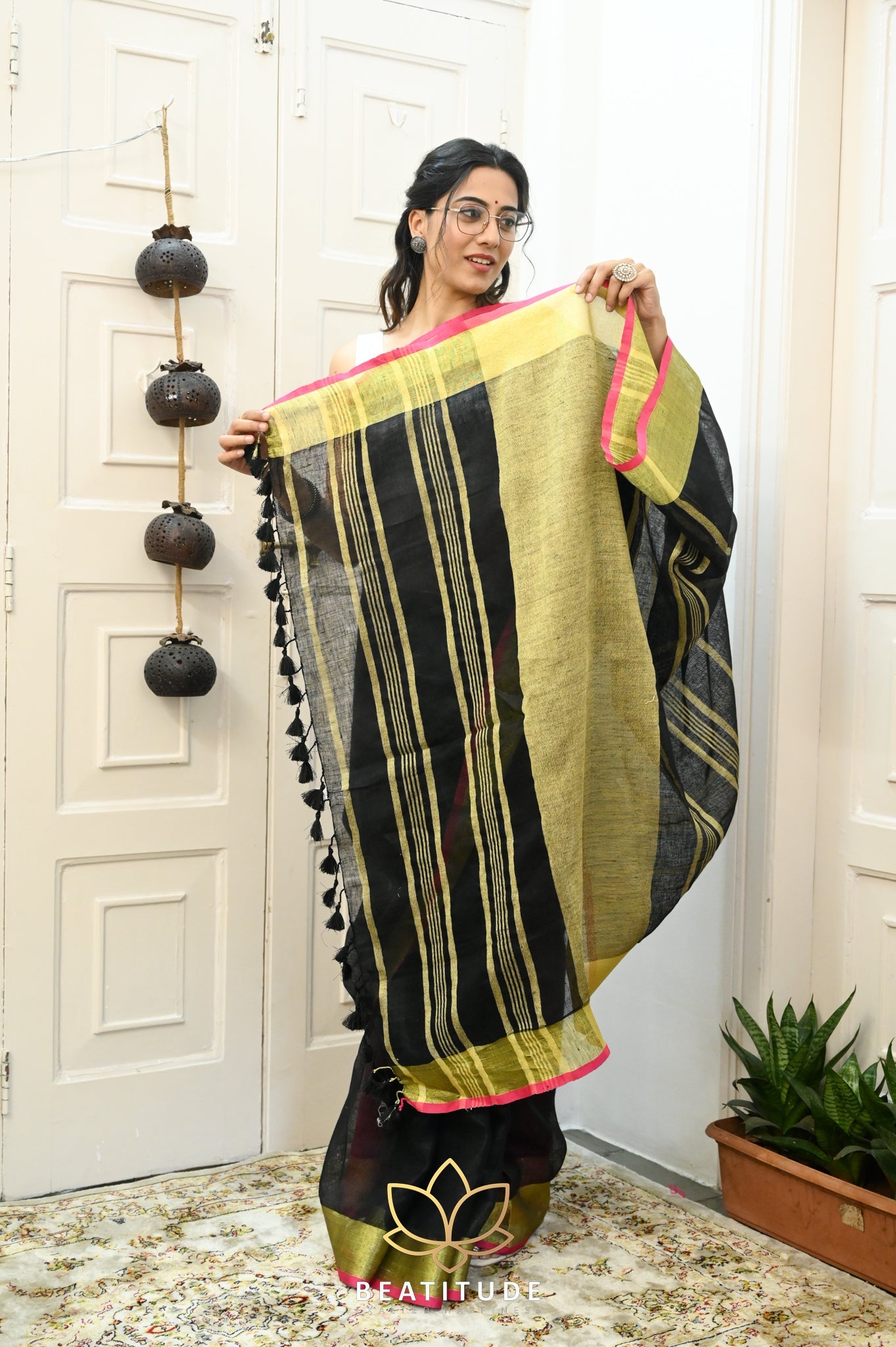 Black Handwoven Linen Saree