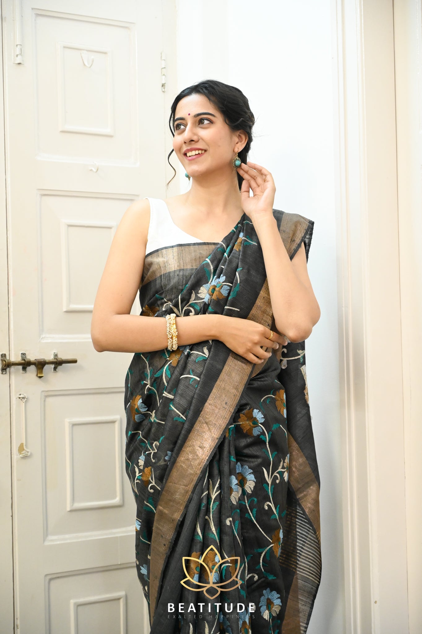 Black Handwoven Tussar Silk Saree With Machine Embroidery