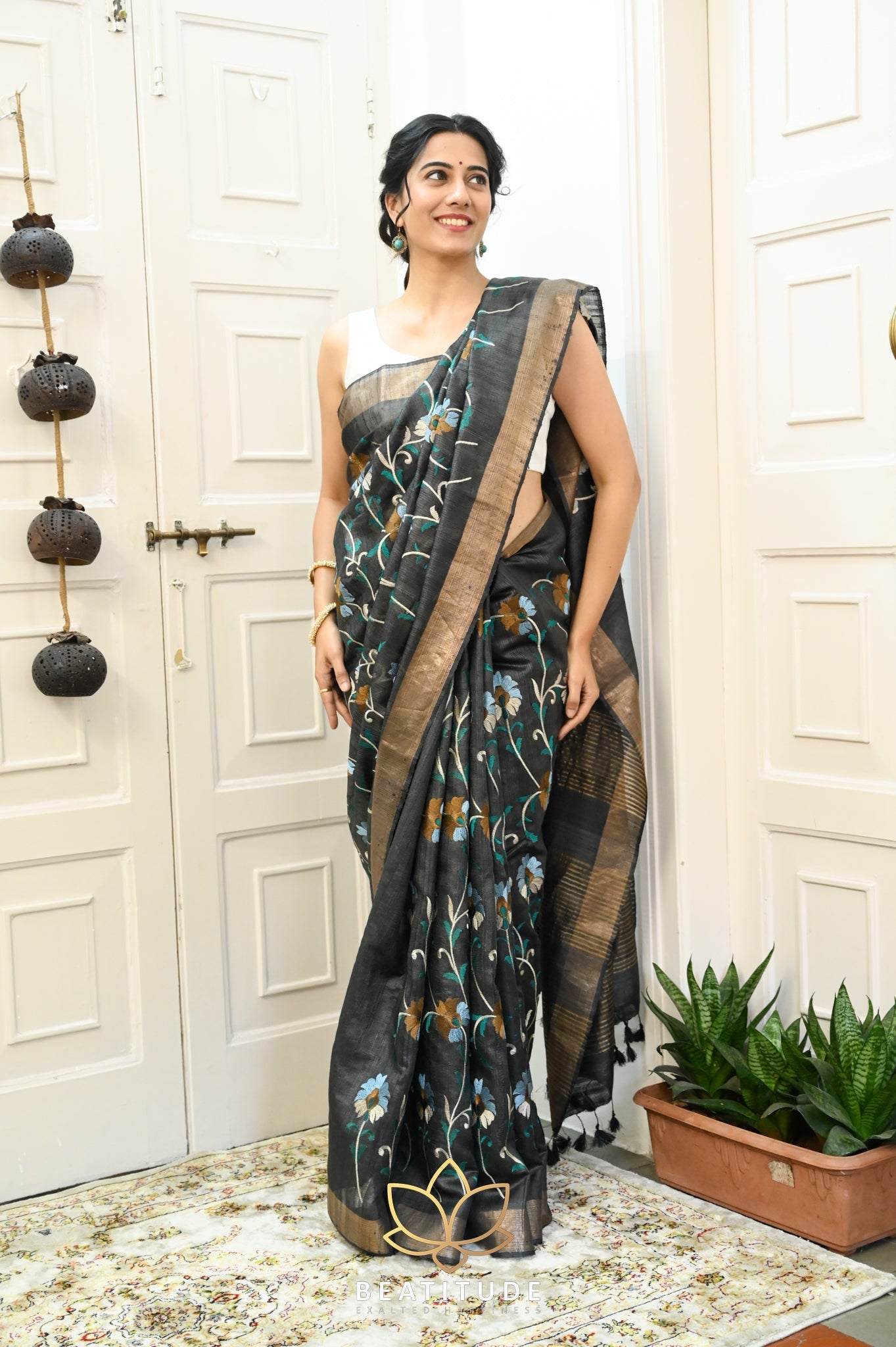 Black Handwoven Tussar Silk Saree With Machine Embroidery