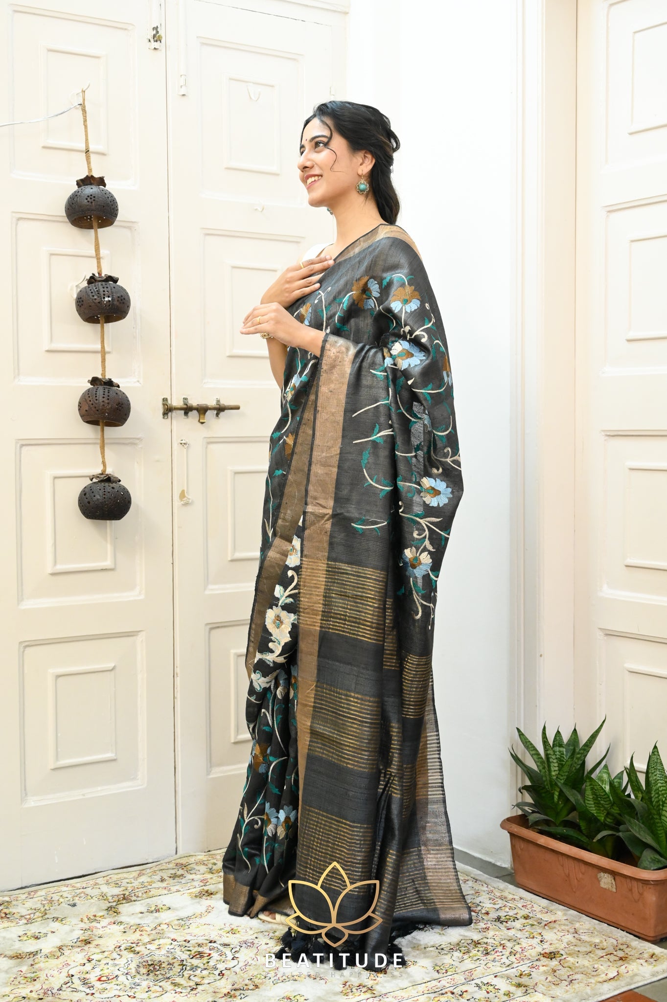 Black Handwoven Tussar Silk Saree With Machine Embroidery