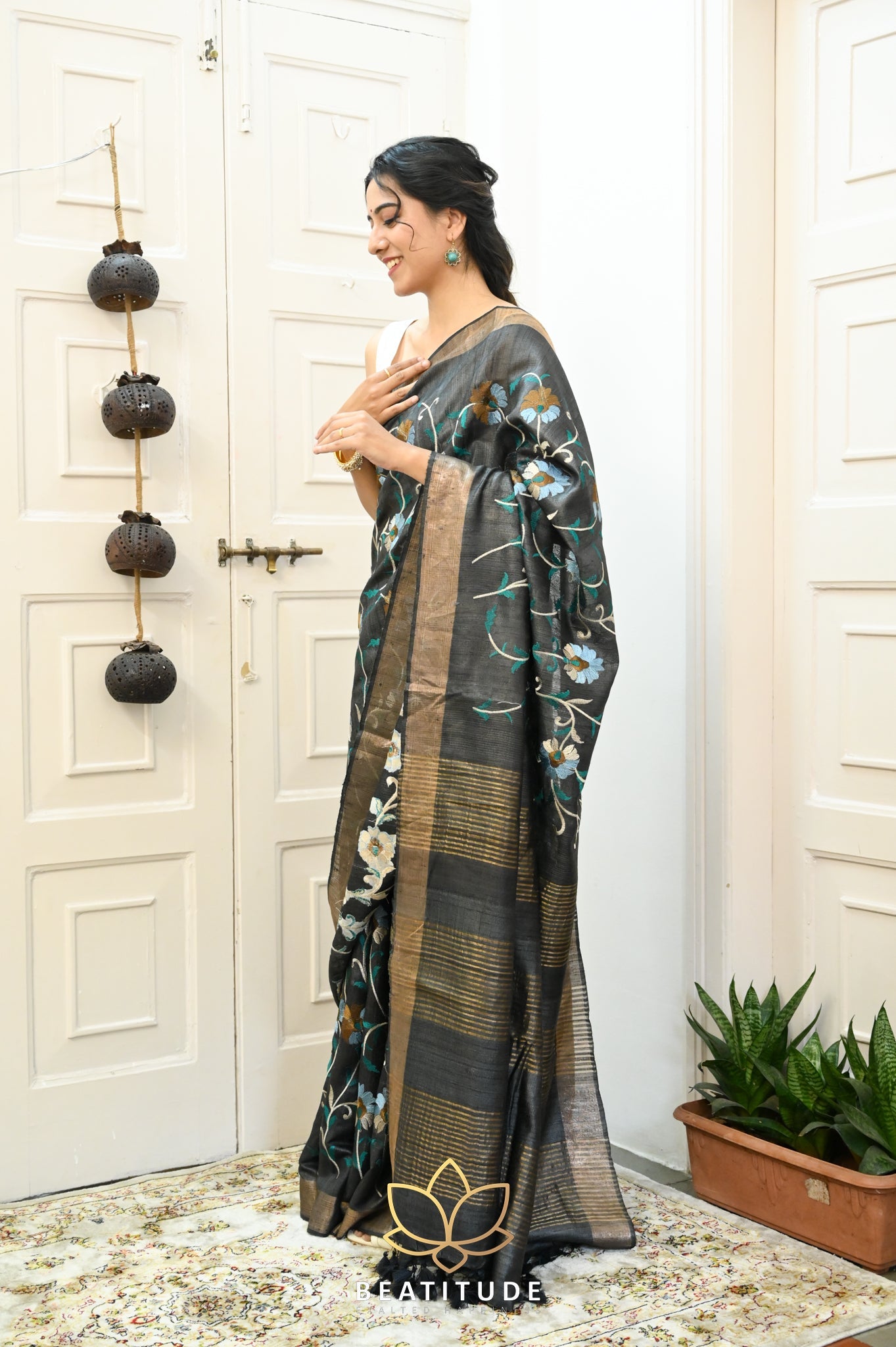 Black Handwoven Tussar Silk Saree With Machine Embroidery