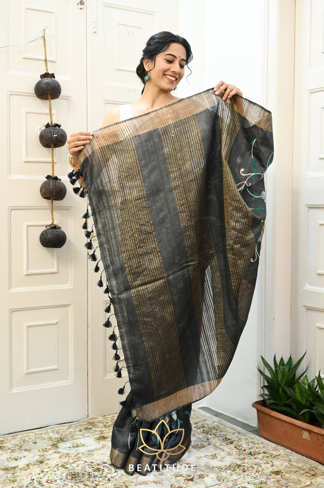 Black Handwoven Tussar Silk Saree With Machine Embroidery