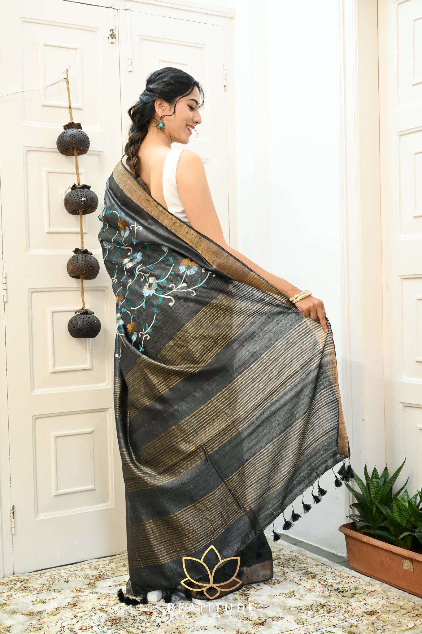 Black Handwoven Tussar Silk Saree With Machine Embroidery