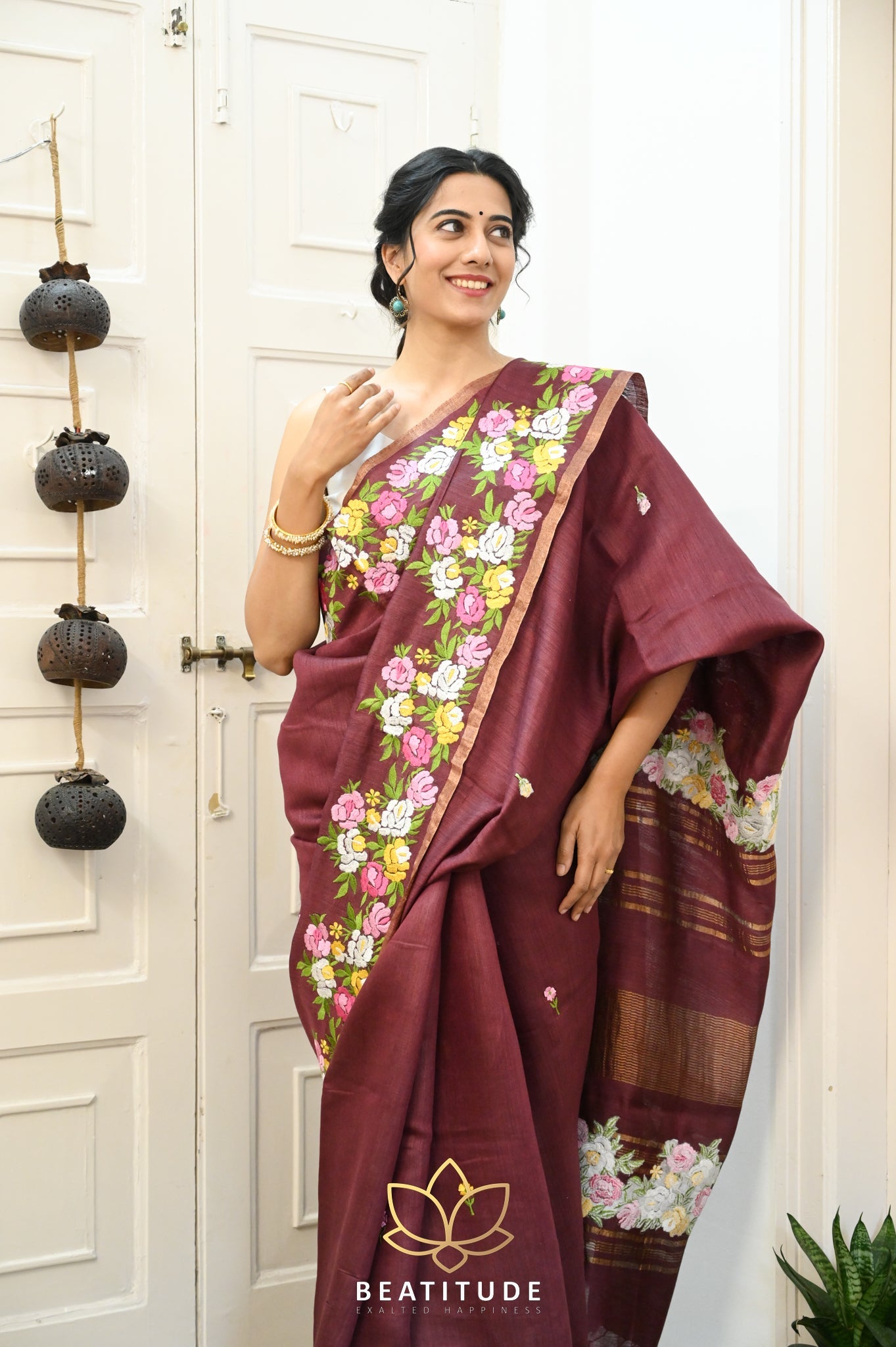 Wine Handwoven Tussar Silk Saree With Machine Embroidery on Border