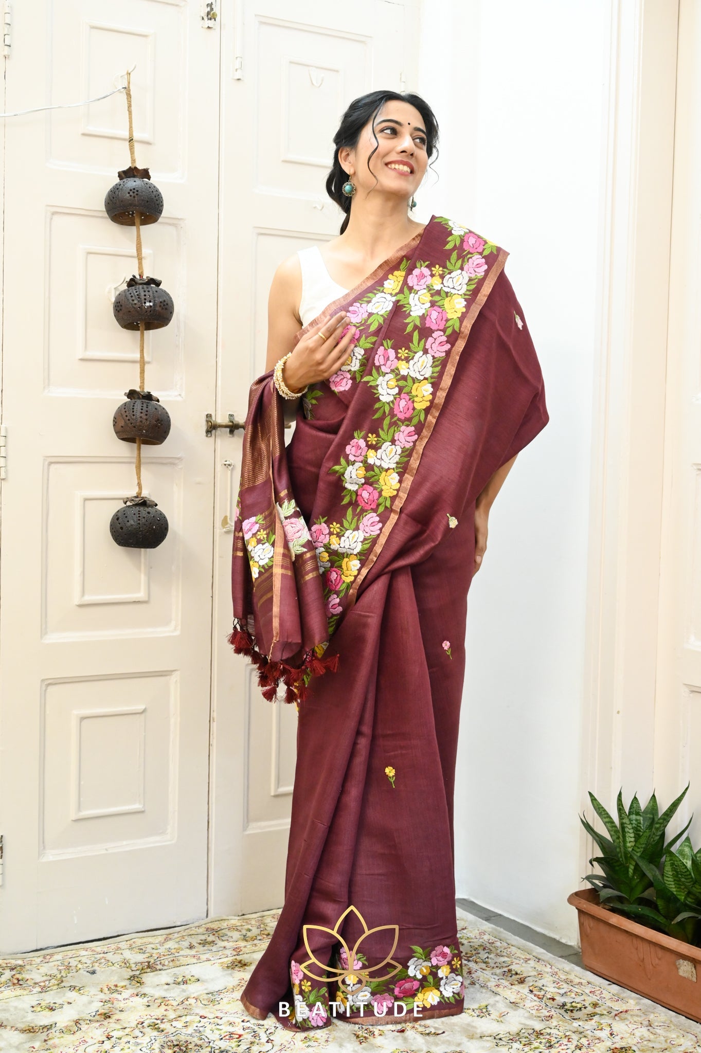 Wine Handwoven Tussar Silk Saree With Machine Embroidery on Border