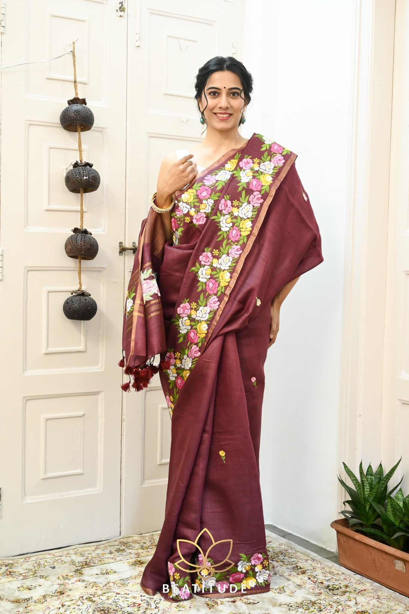 Wine Handwoven Tussar Silk Saree With Machine Embroidery on Border