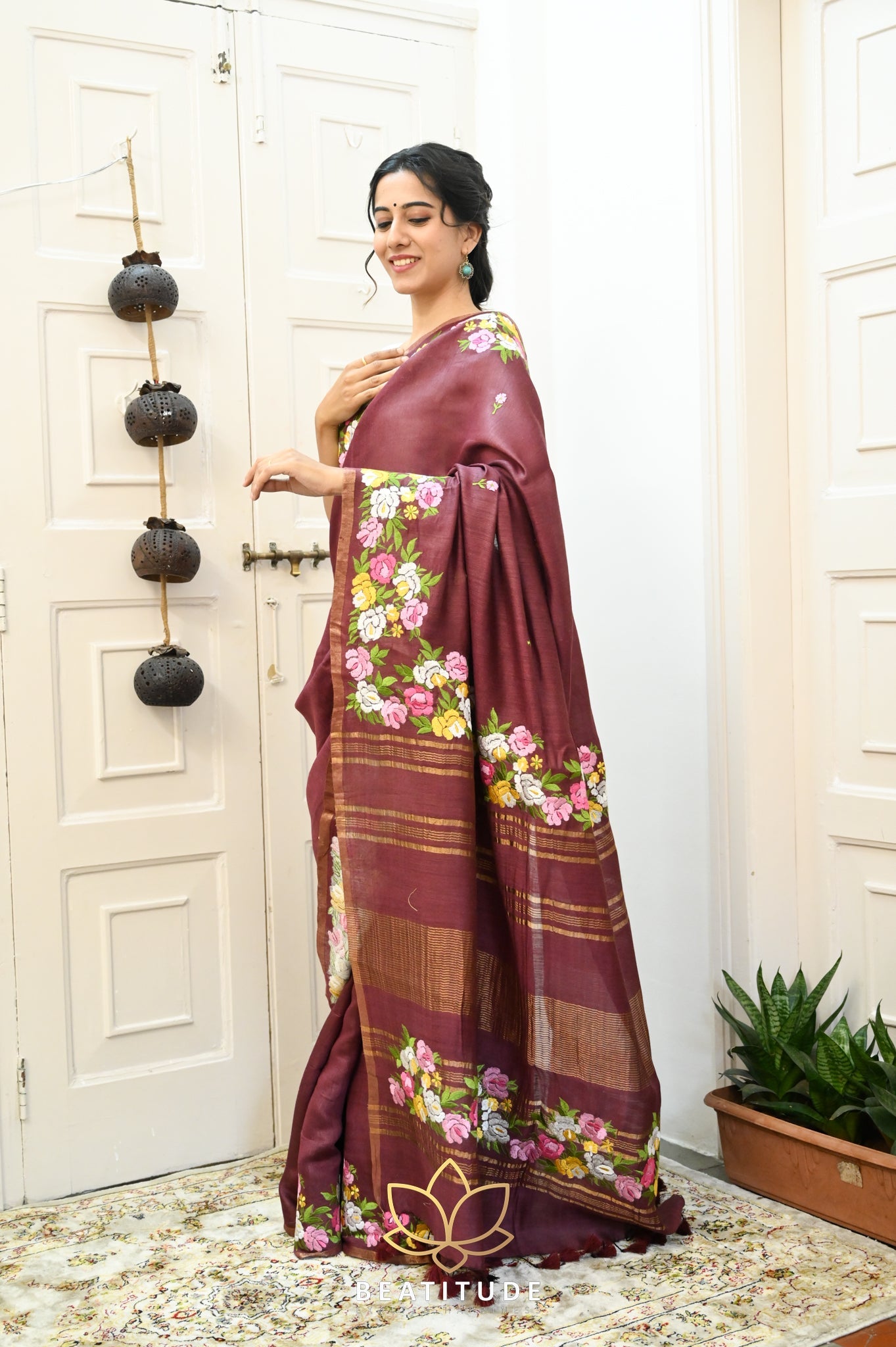 Wine Handwoven Tussar Silk Saree With Machine Embroidery on Border