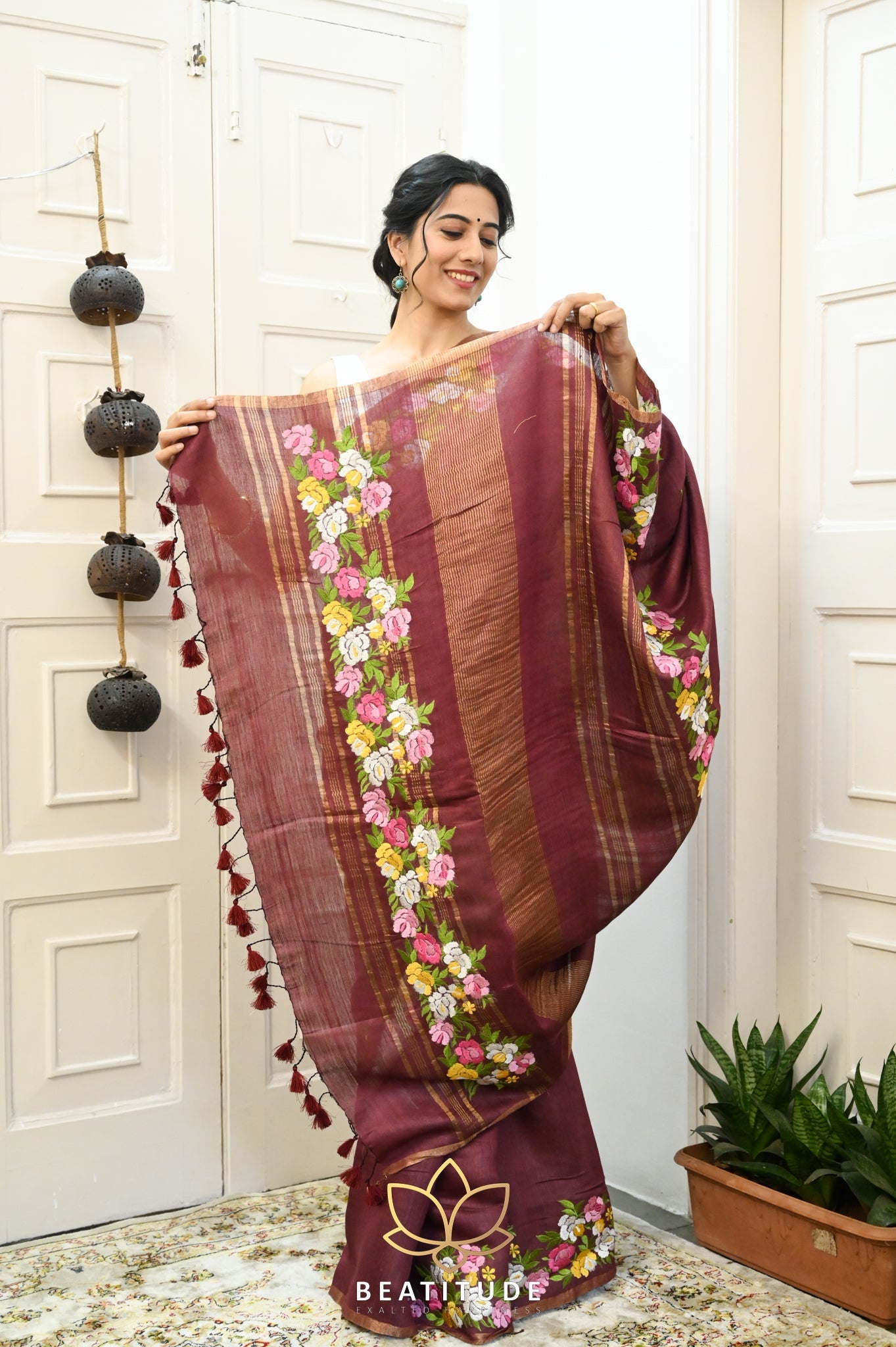 Wine Handwoven Tussar Silk Saree With Machine Embroidery on Border