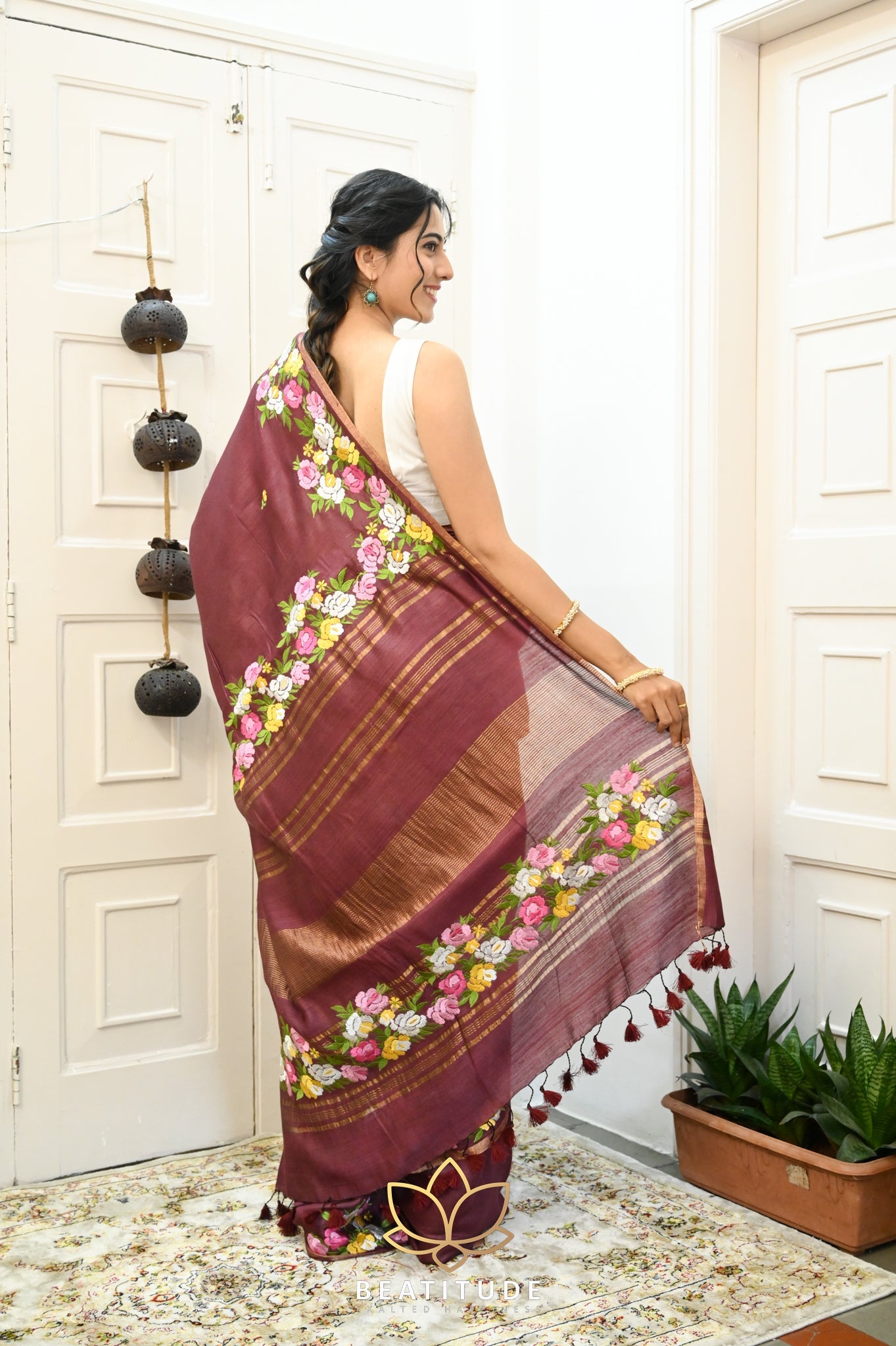 Wine Handwoven Tussar Silk Saree With Machine Embroidery on Border