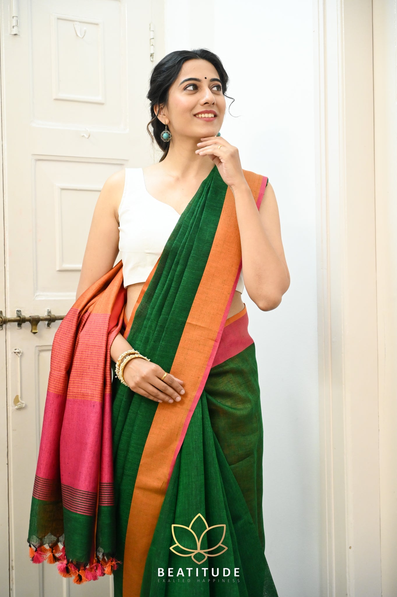 Dark Green Handwoven Linen Saree