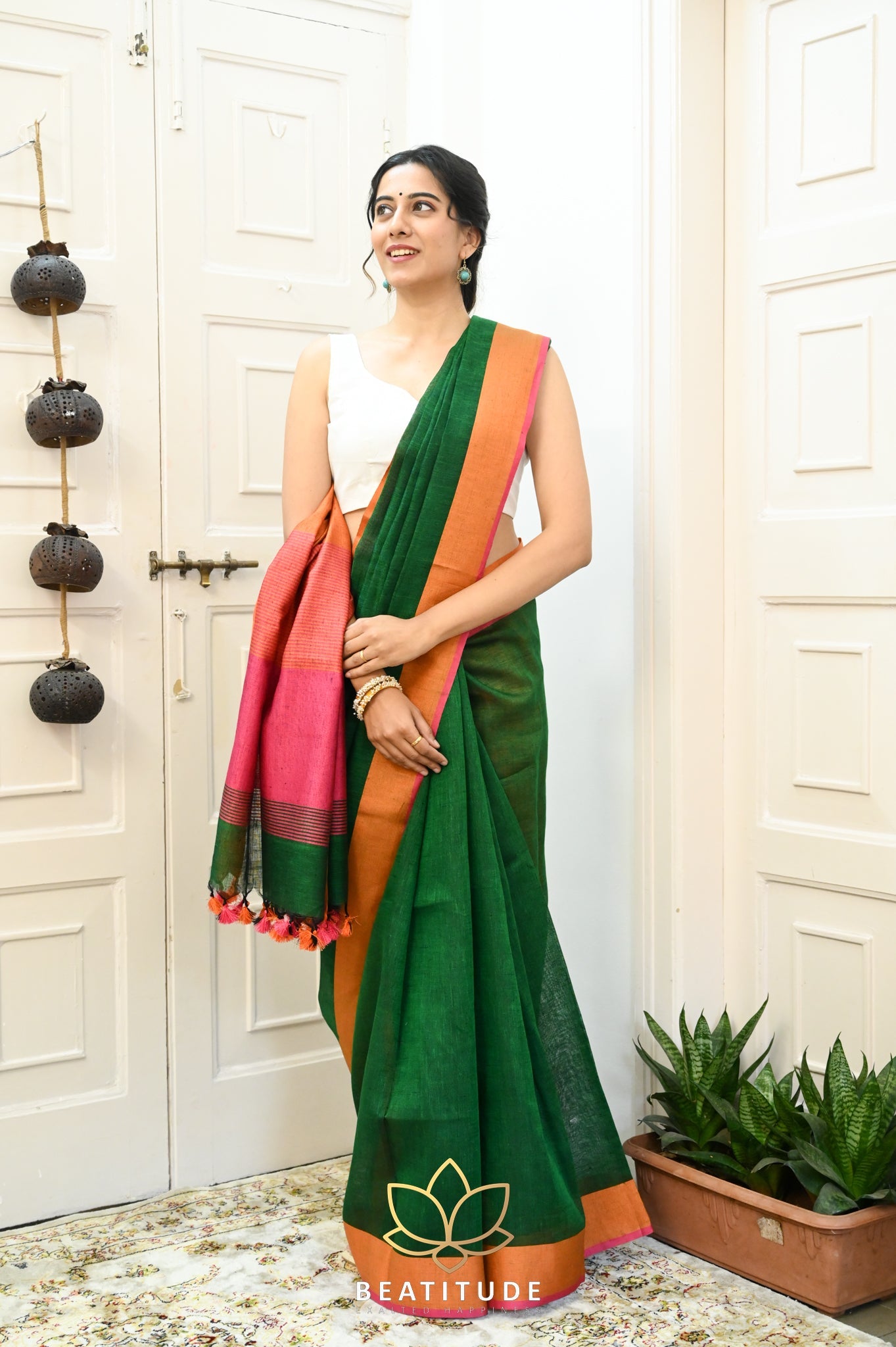 Dark Green Handwoven Linen Saree