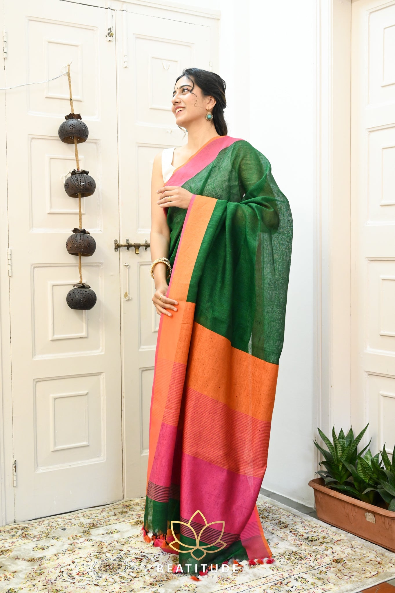 Dark Green Handwoven Linen Saree