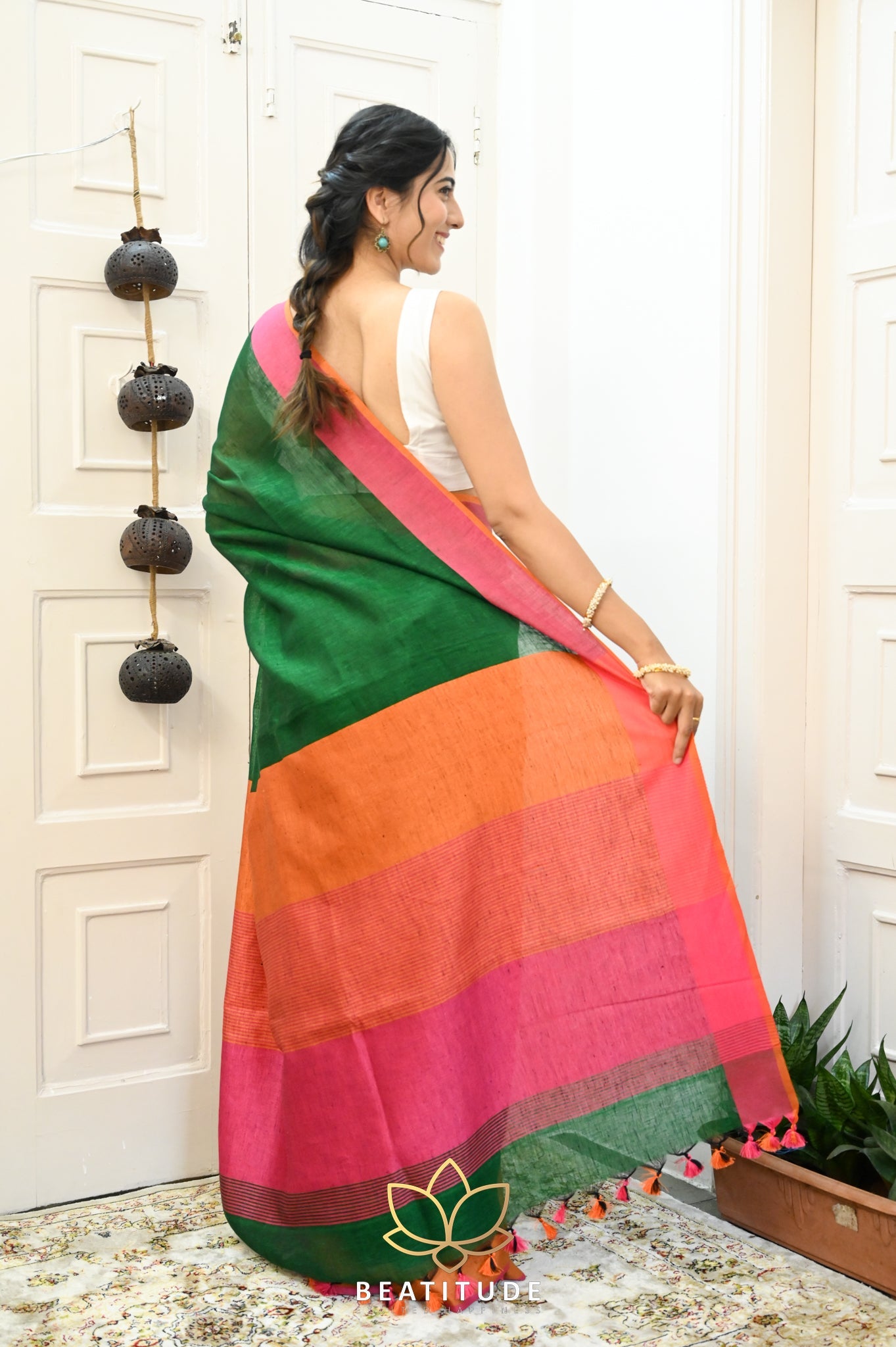 Dark Green Handwoven Linen Saree