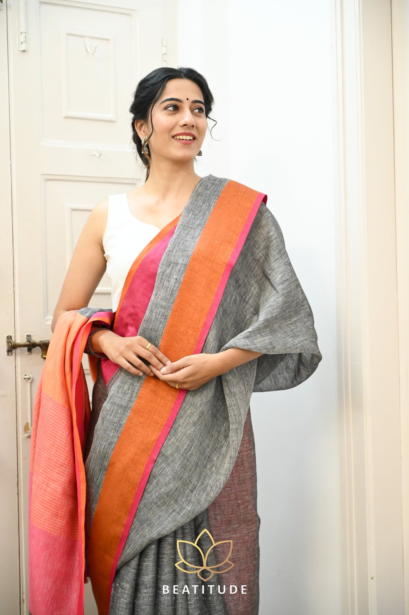 Grey Handwoven Linen Saree