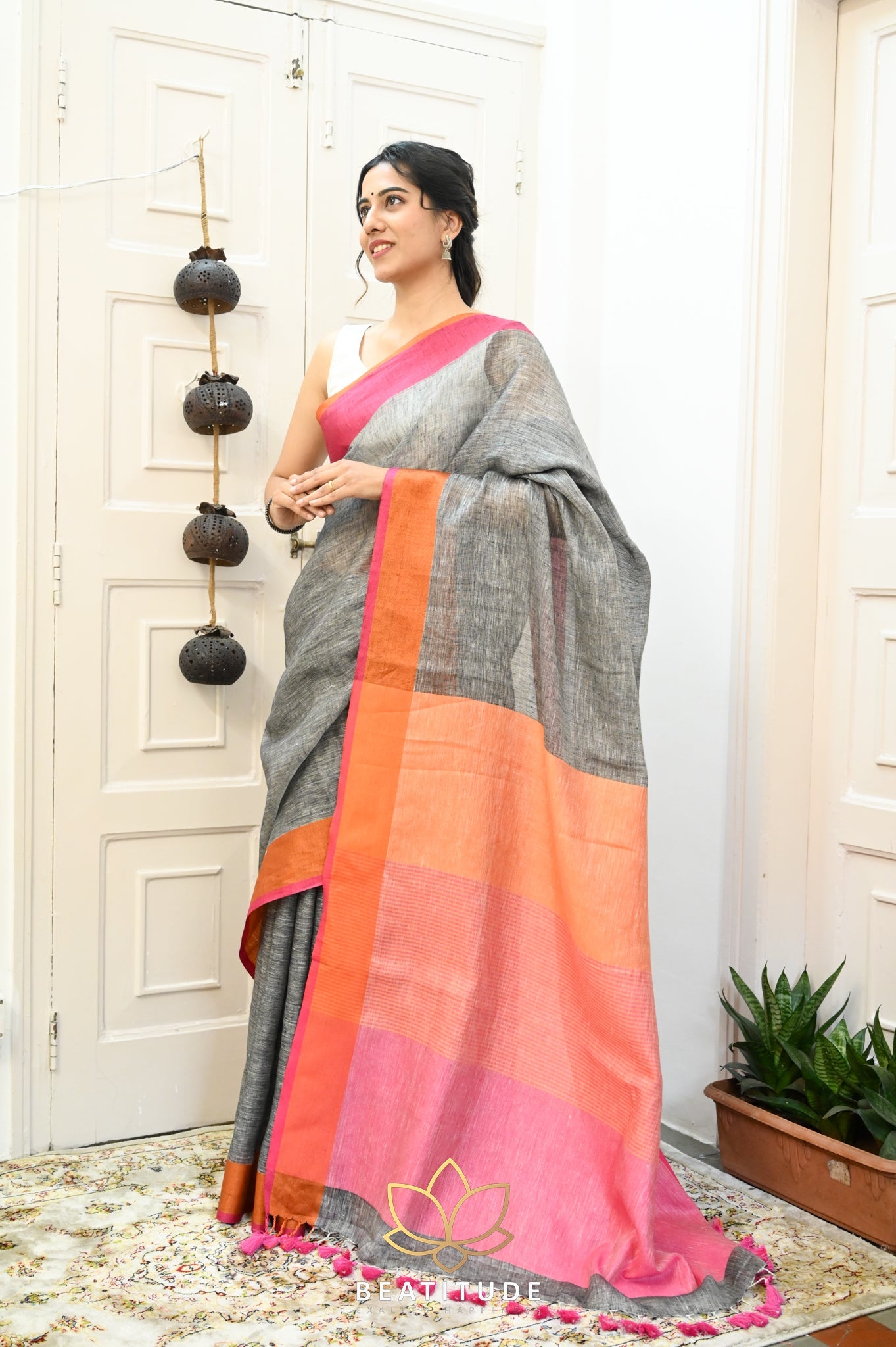 Grey Handwoven Linen Saree