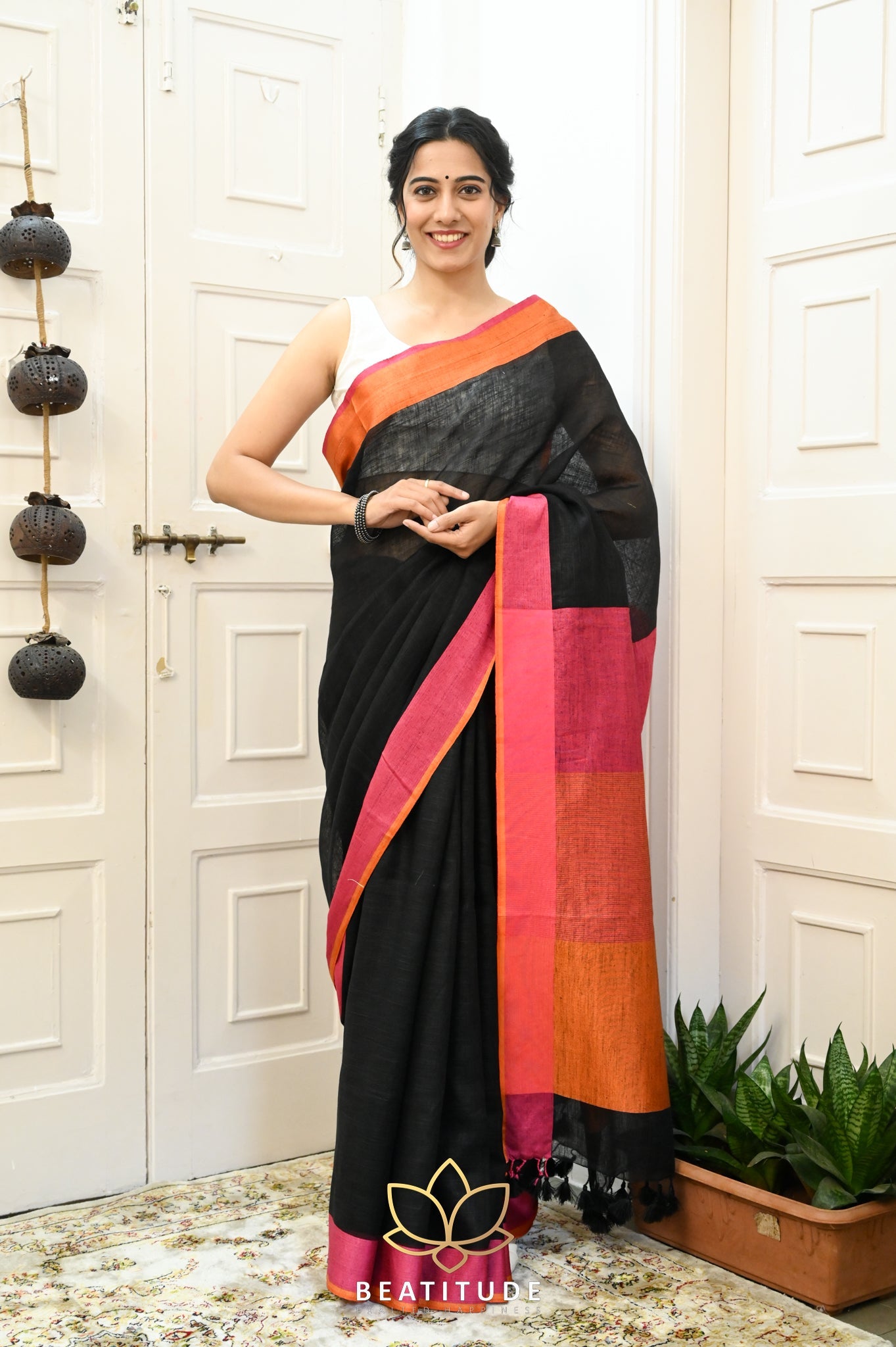 Black Handwoven Linen Saree