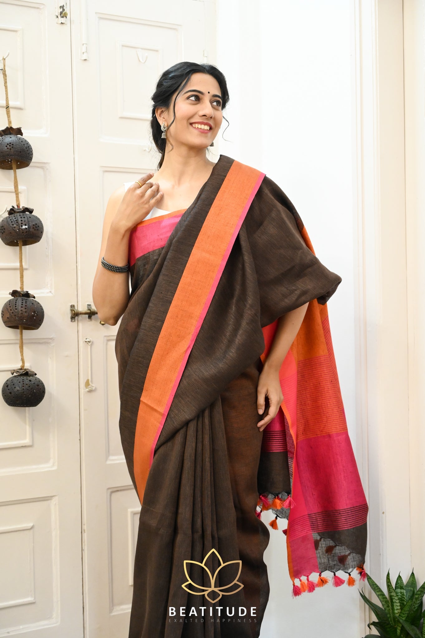 Brown Handwoven Linen Saree