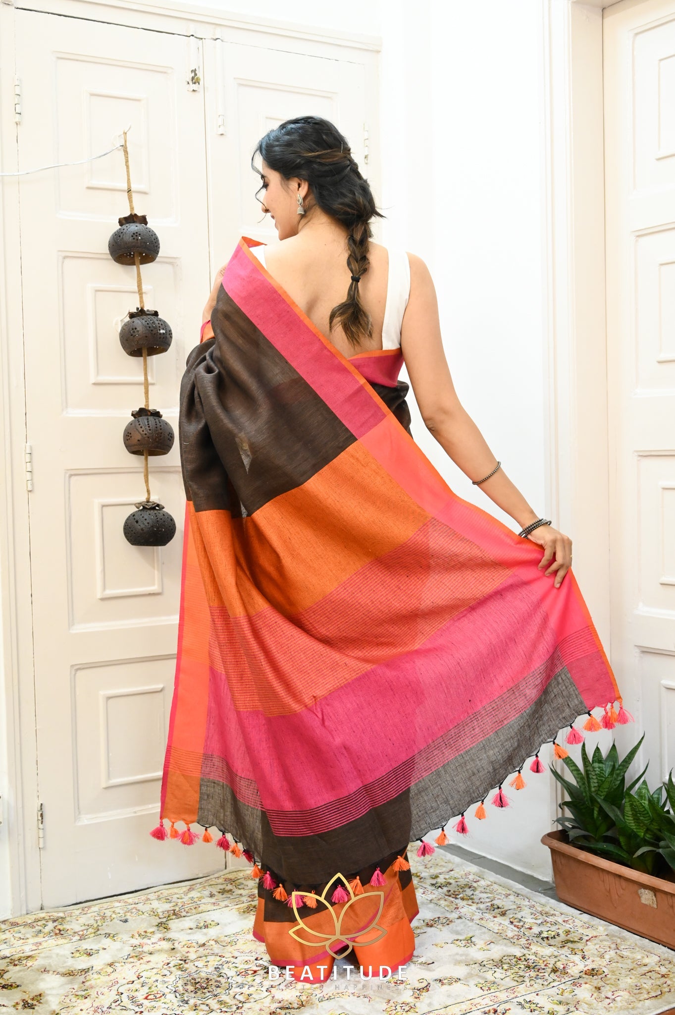 Brown Handwoven Linen Saree