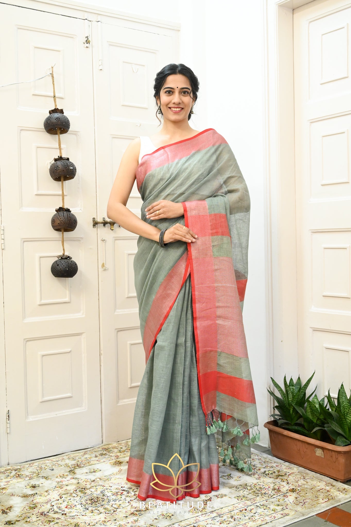 Grey Handwoven Linen Saree