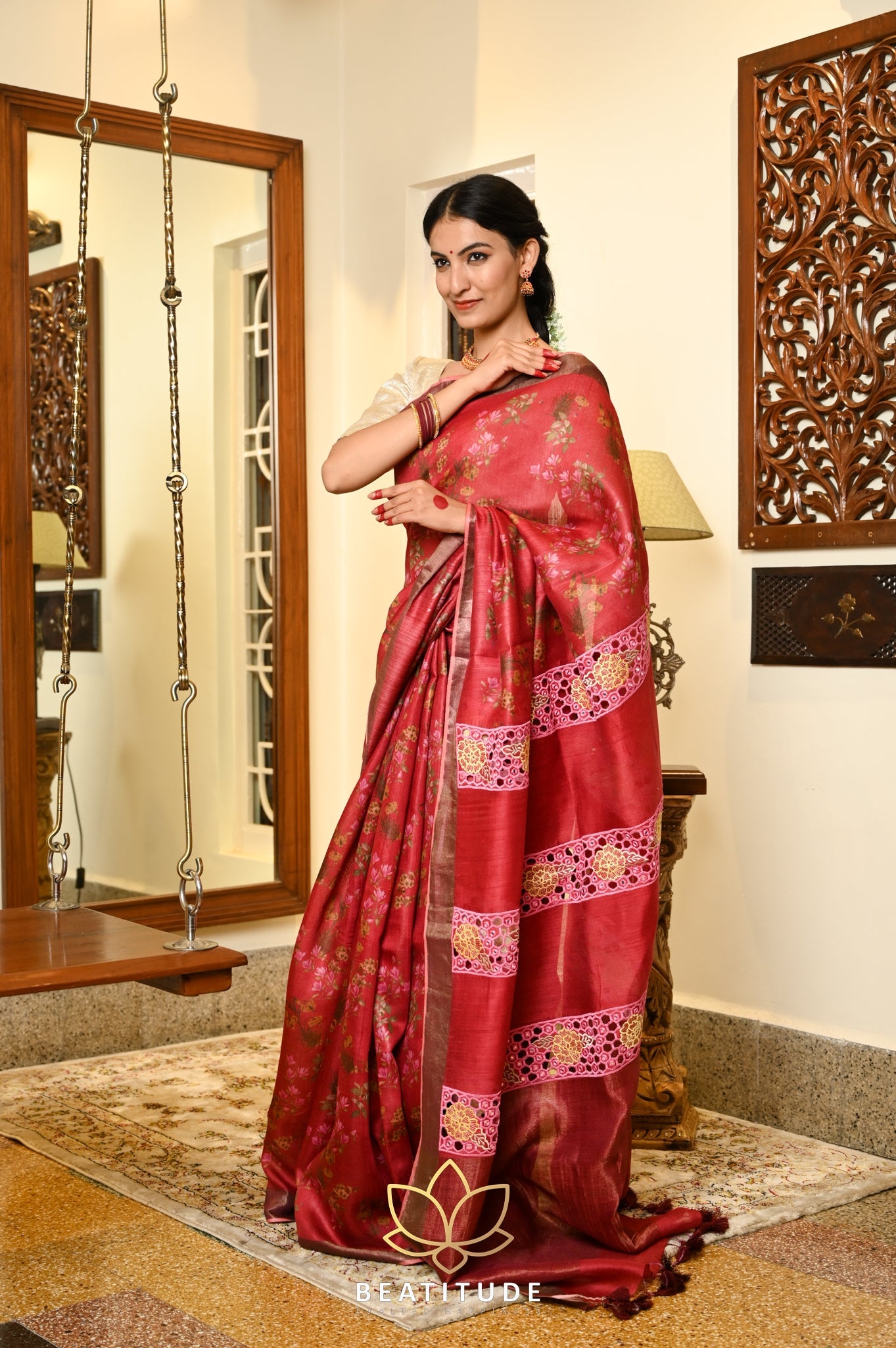 Red Handwoven Tussar Floral Digital Silk Saree With Cutwork