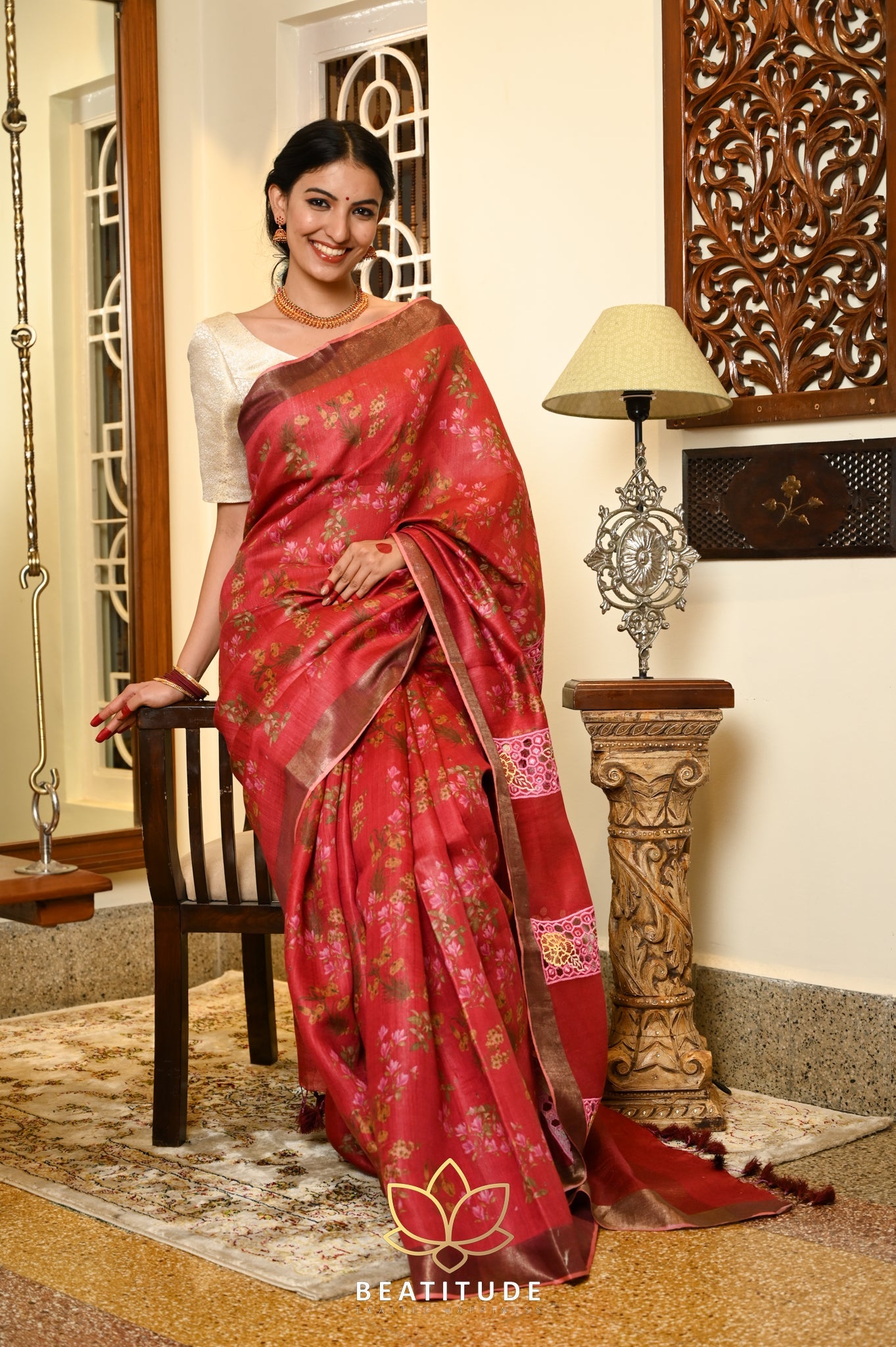 Red Handwoven Tussar Floral Digital Silk Saree With Cutwork