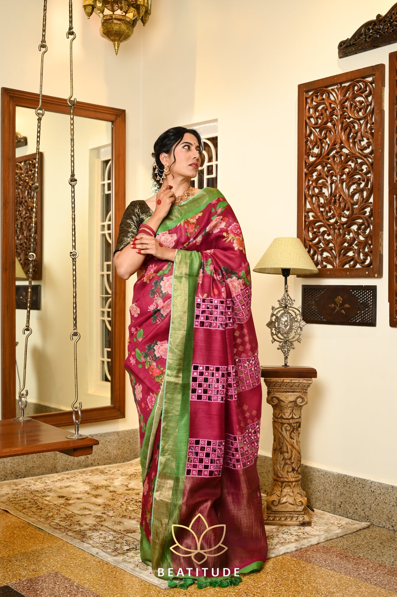 Pink Handwoven Tussar Floral Digital Print Silk Saree With Cutwork