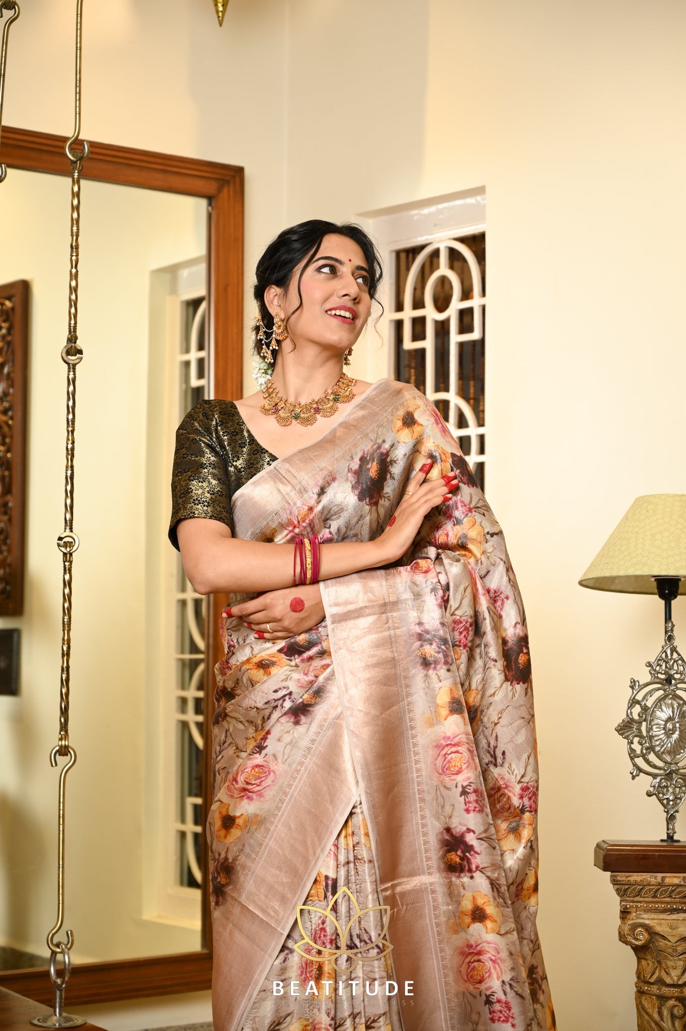 Beige Tissue Silk Saree With Floral Digital Print