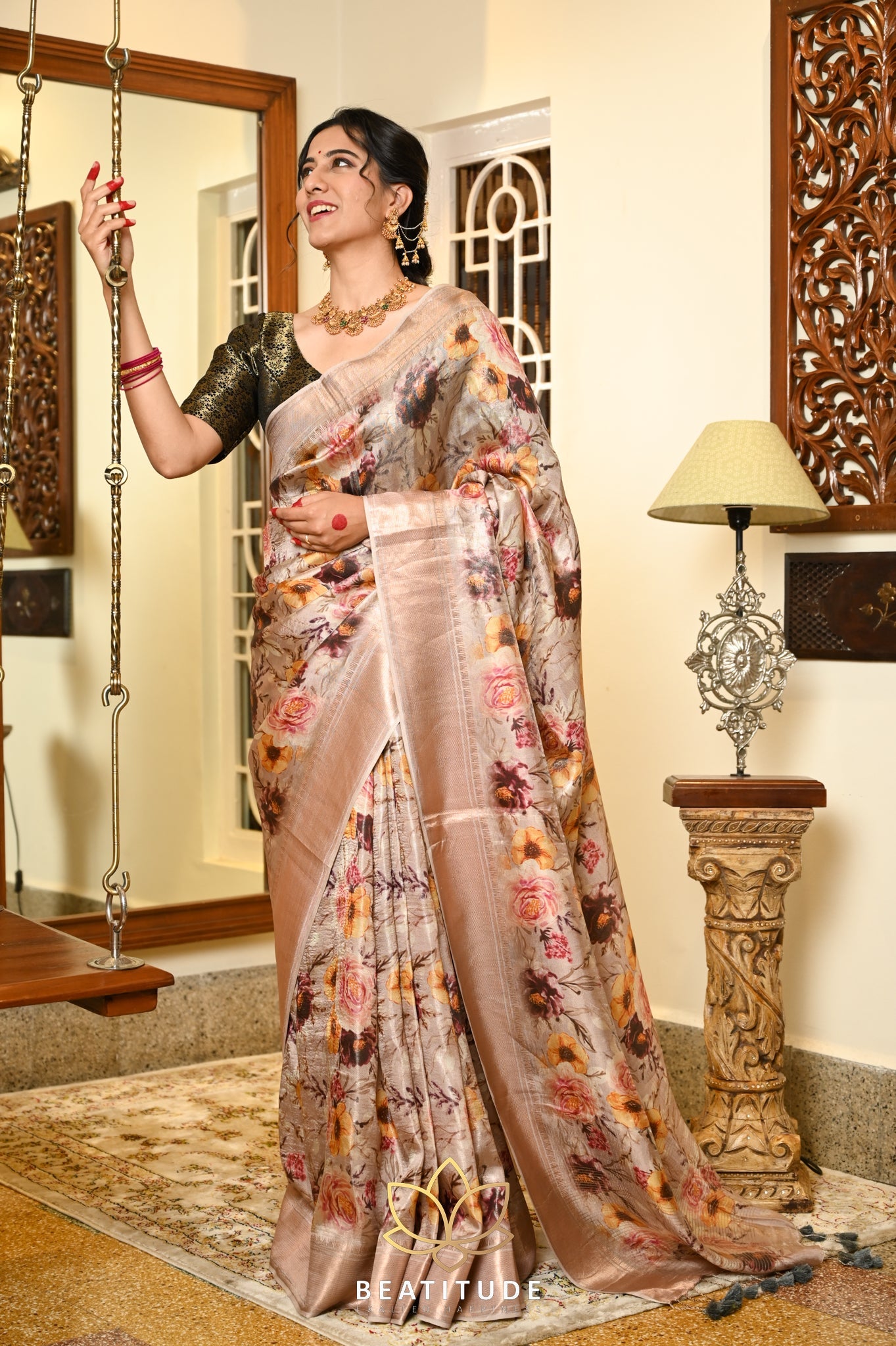 Beige Tissue Silk Saree With Floral Digital Print