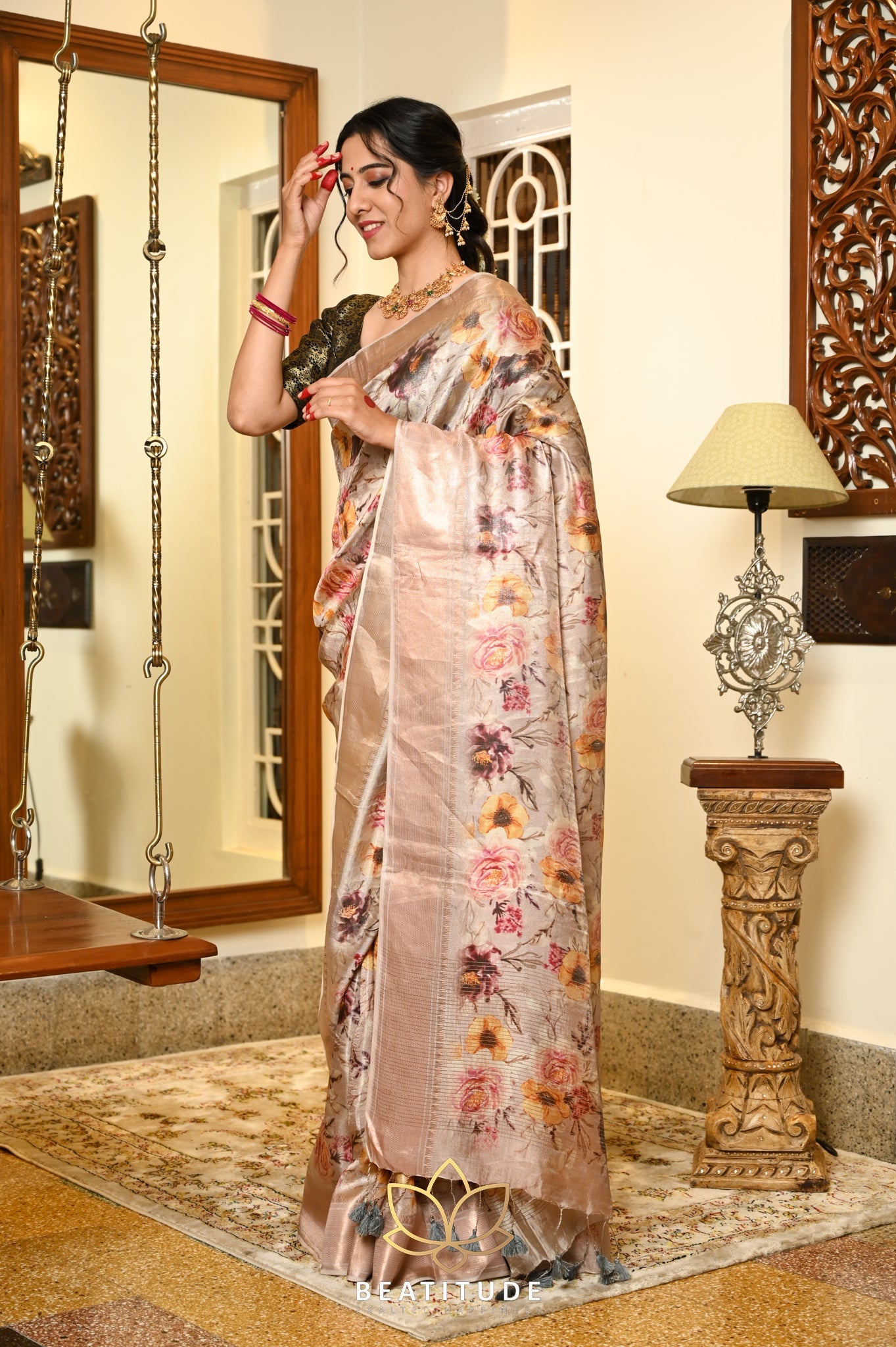 Beige Tissue Silk Saree With Floral Digital Print