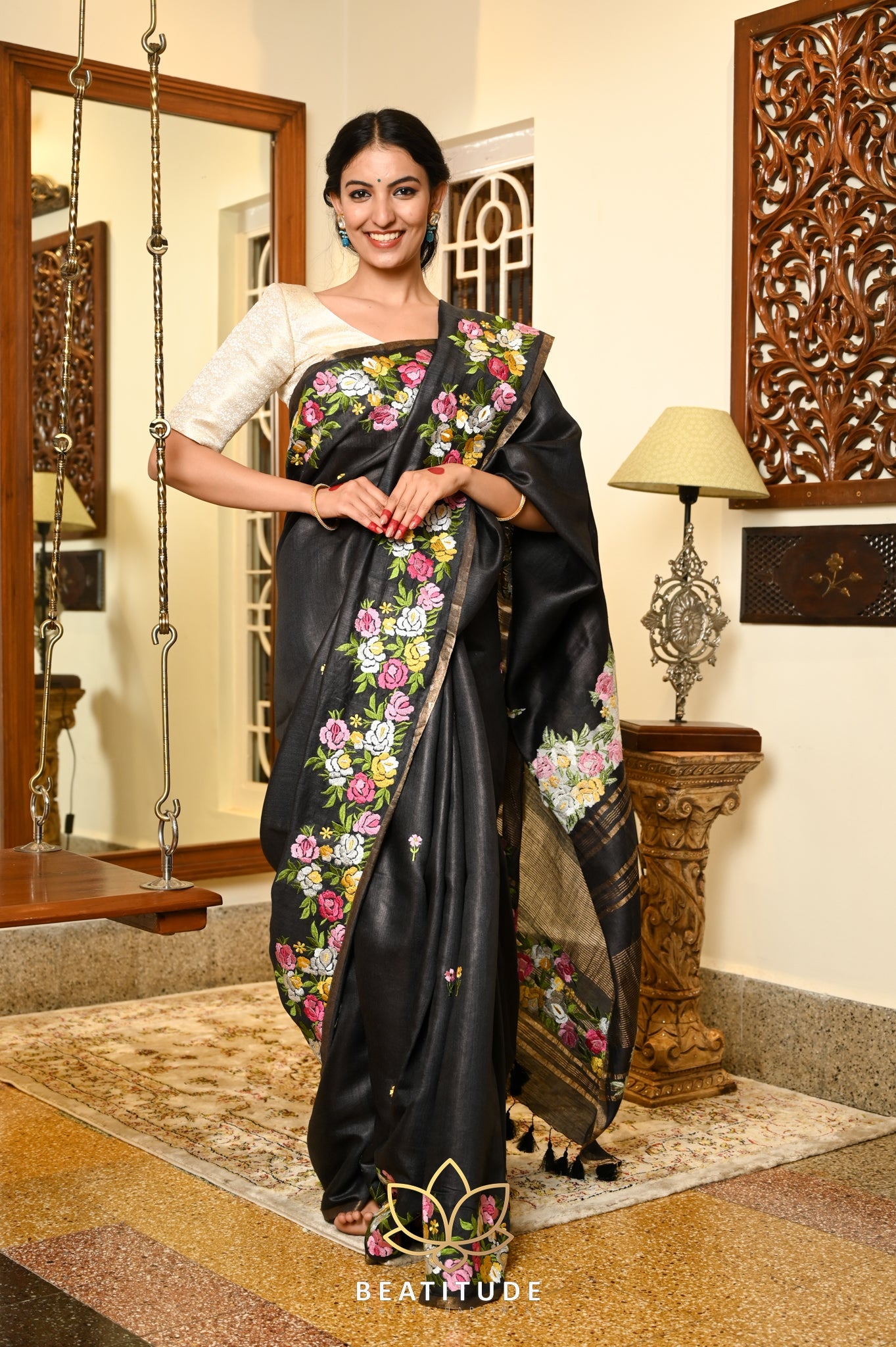 Black Handwoven Tussar Silk Saree With Machine Embroidery on Border
