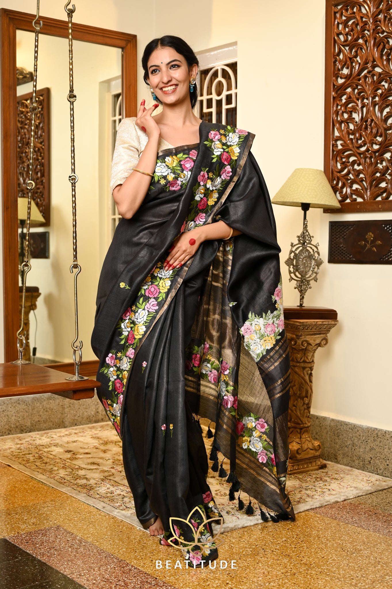 Black Handwoven Tussar Silk Saree With Machine Embroidery on Border