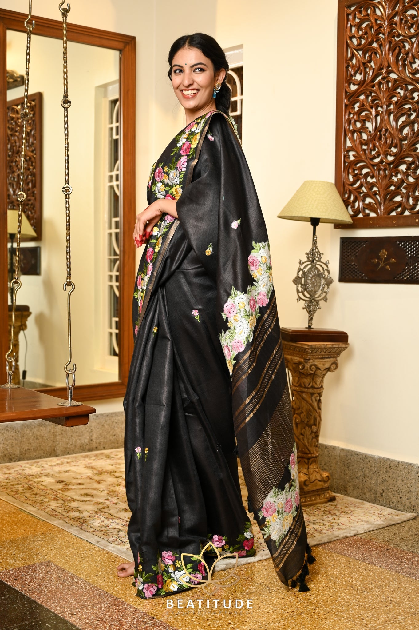 Black Handwoven Tussar Silk Saree With Machine Embroidery on Border