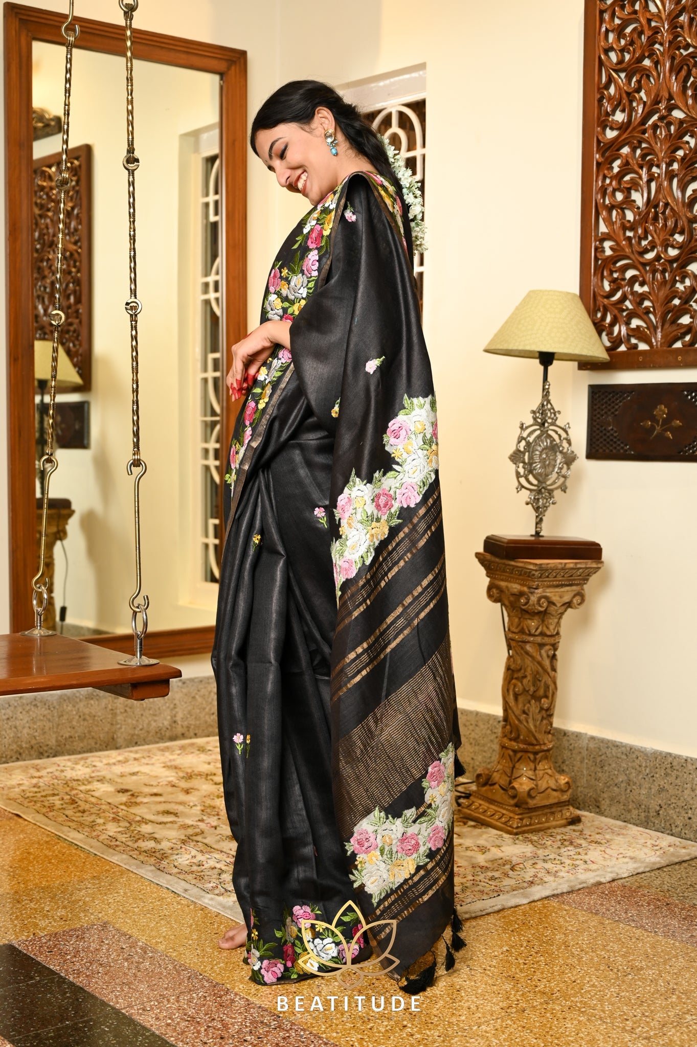 Black Handwoven Tussar Silk Saree With Machine Embroidery on Border