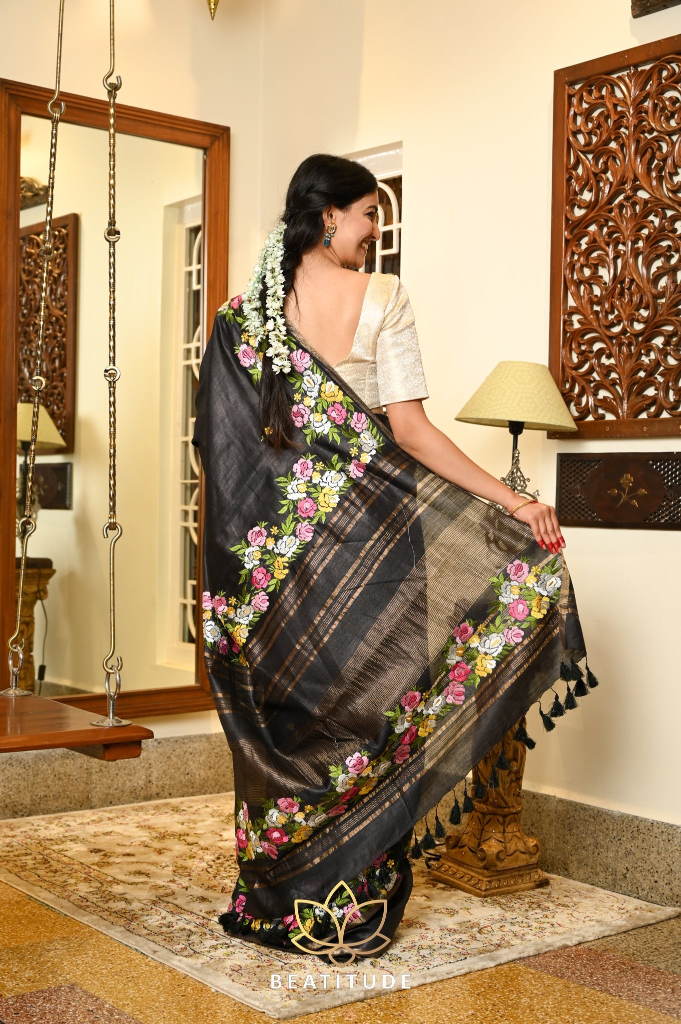 Black Handwoven Tussar Silk Saree With Machine Embroidery on Border