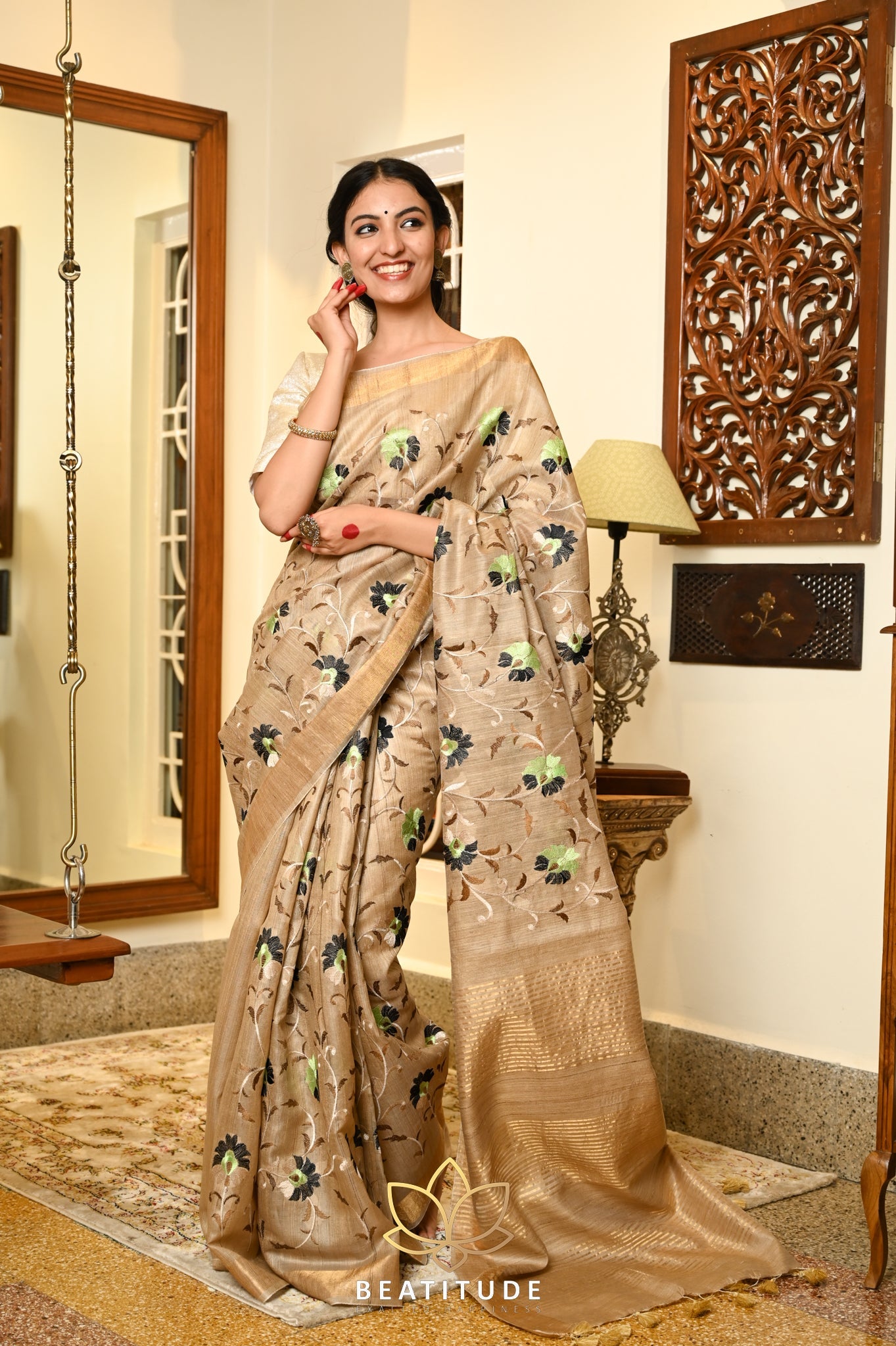 Beige Handwoven Tussar Silk Saree With Machine Embroidery on Border