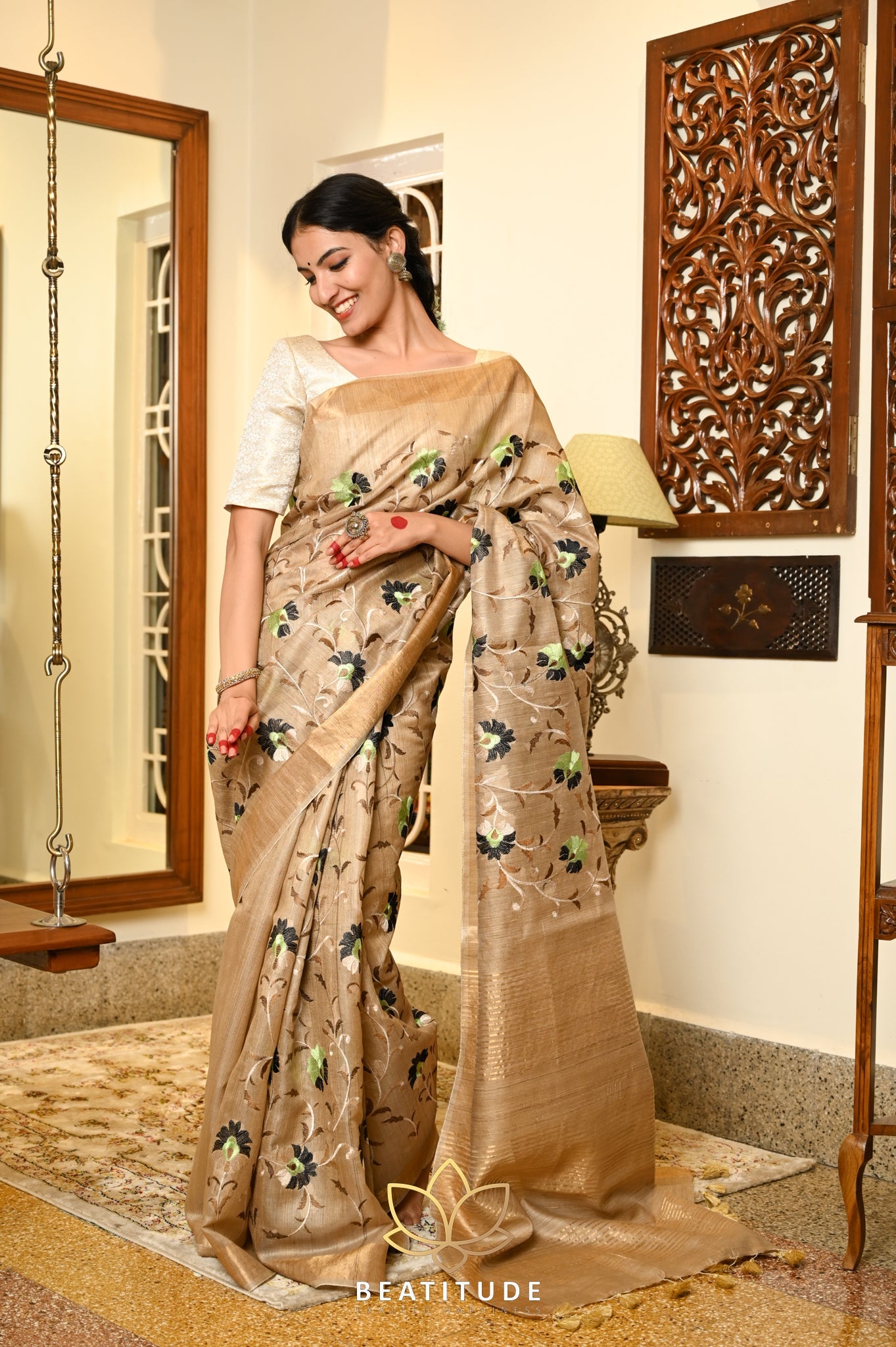 Beige Handwoven Tussar Silk Saree With Machine Embroidery on Border