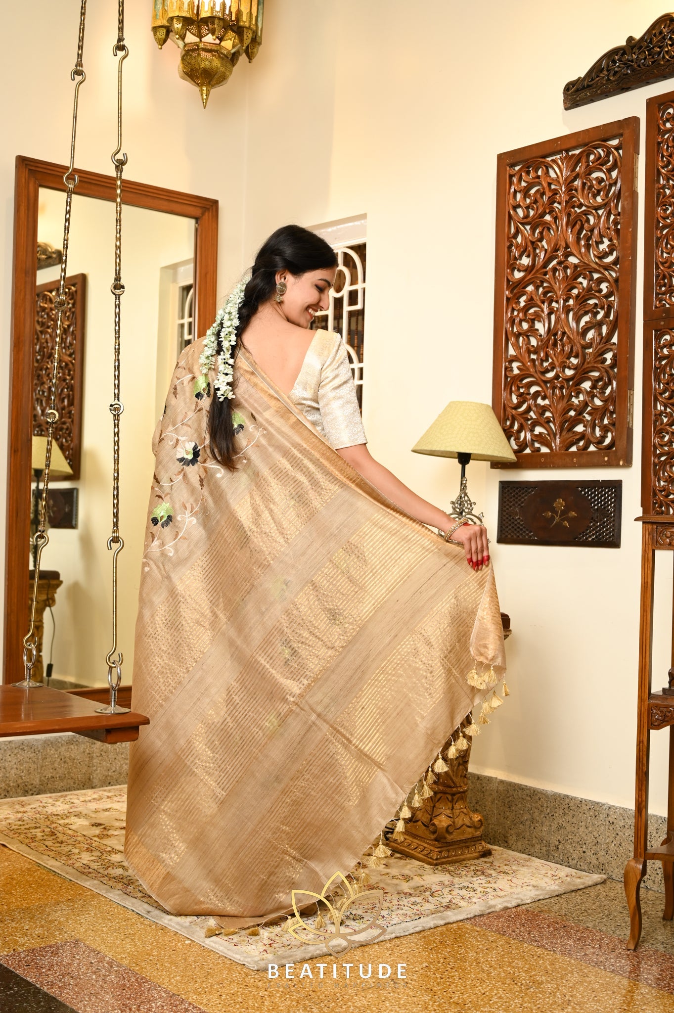 Beige Handwoven Tussar Silk Saree With Machine Embroidery on Border