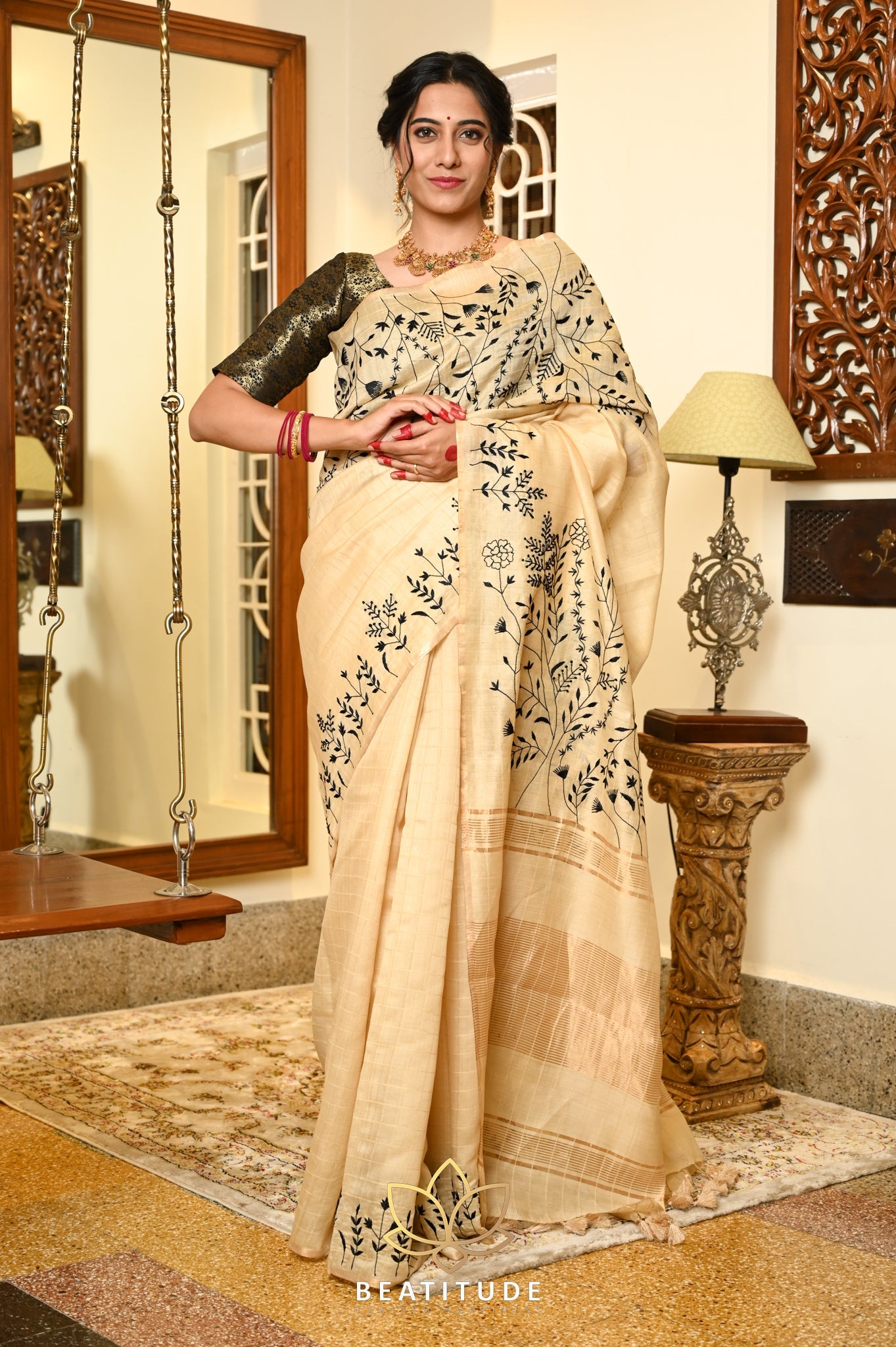 Cream handwoven Tussar Paper Silk Saree With Hand Embroidery