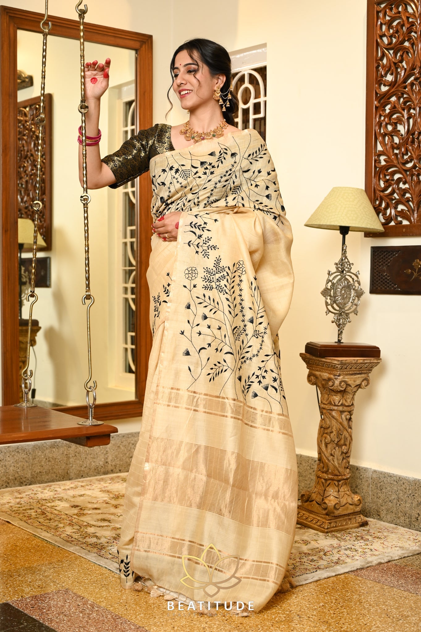 Cream handwoven Tussar Paper Silk Saree With Hand Embroidery
