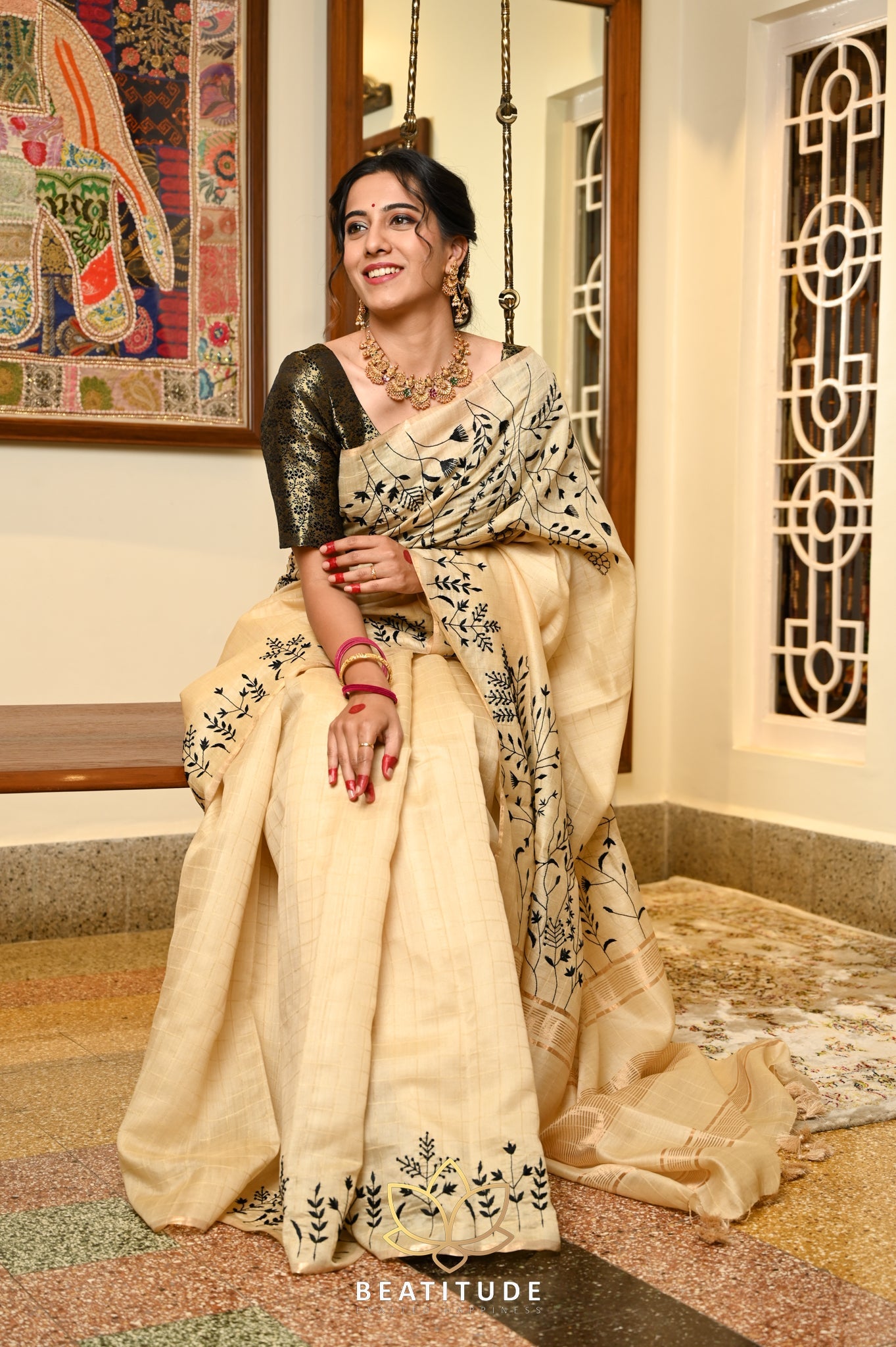 Cream handwoven Tussar Paper Silk Saree With Hand Embroidery