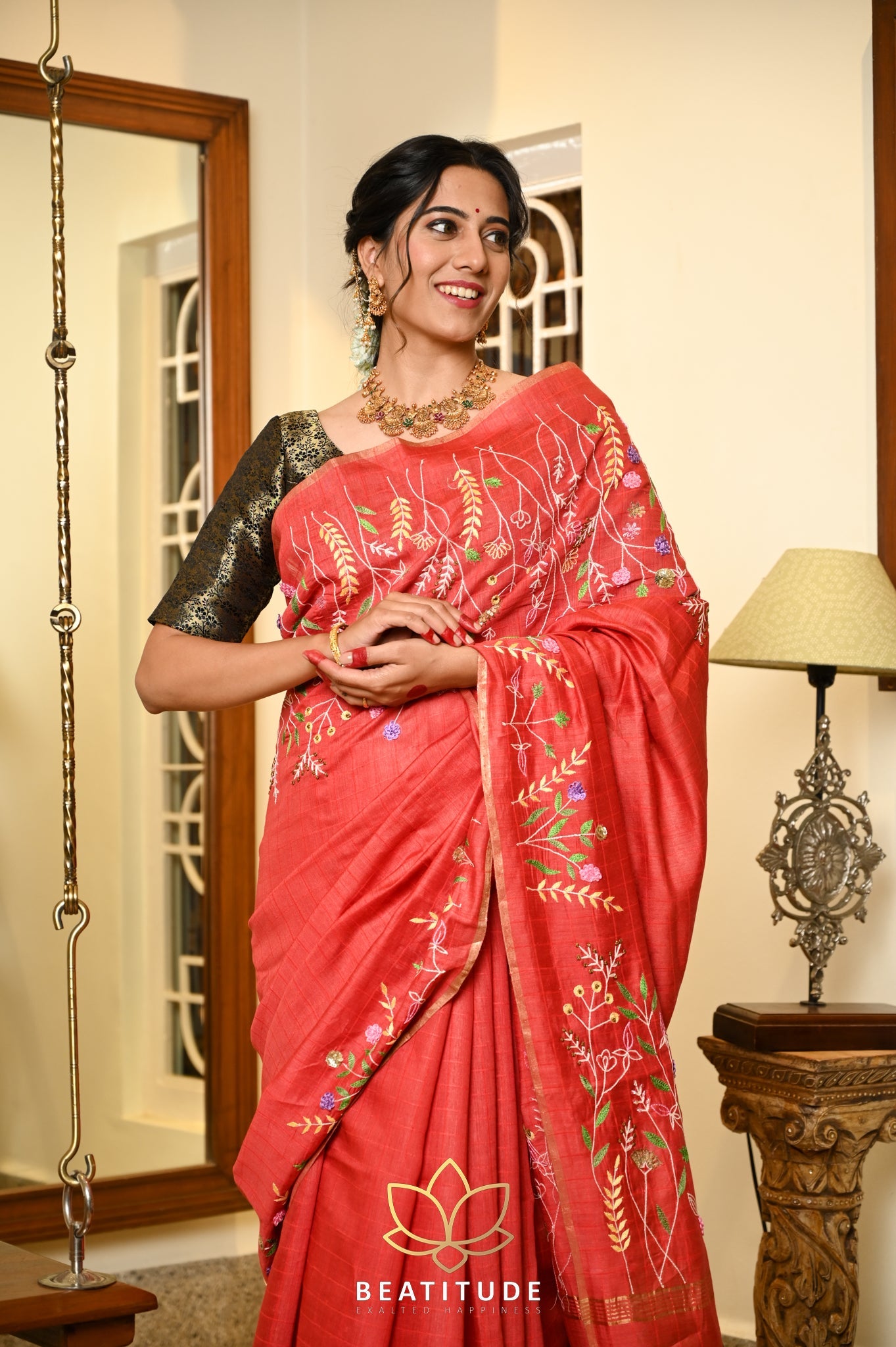 Red handwoven Tussar Paper Silk Saree With Hand Embroidery