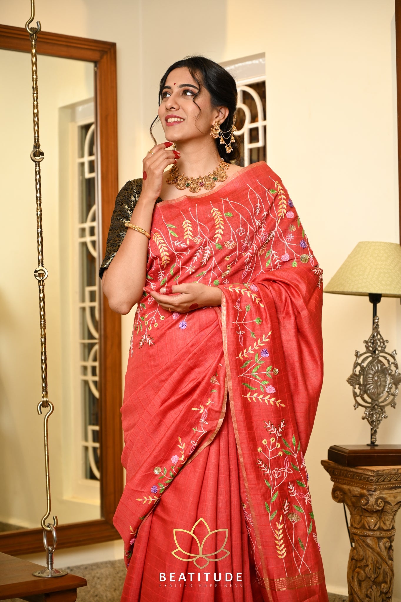 Red handwoven Tussar Paper Silk Saree With Hand Embroidery