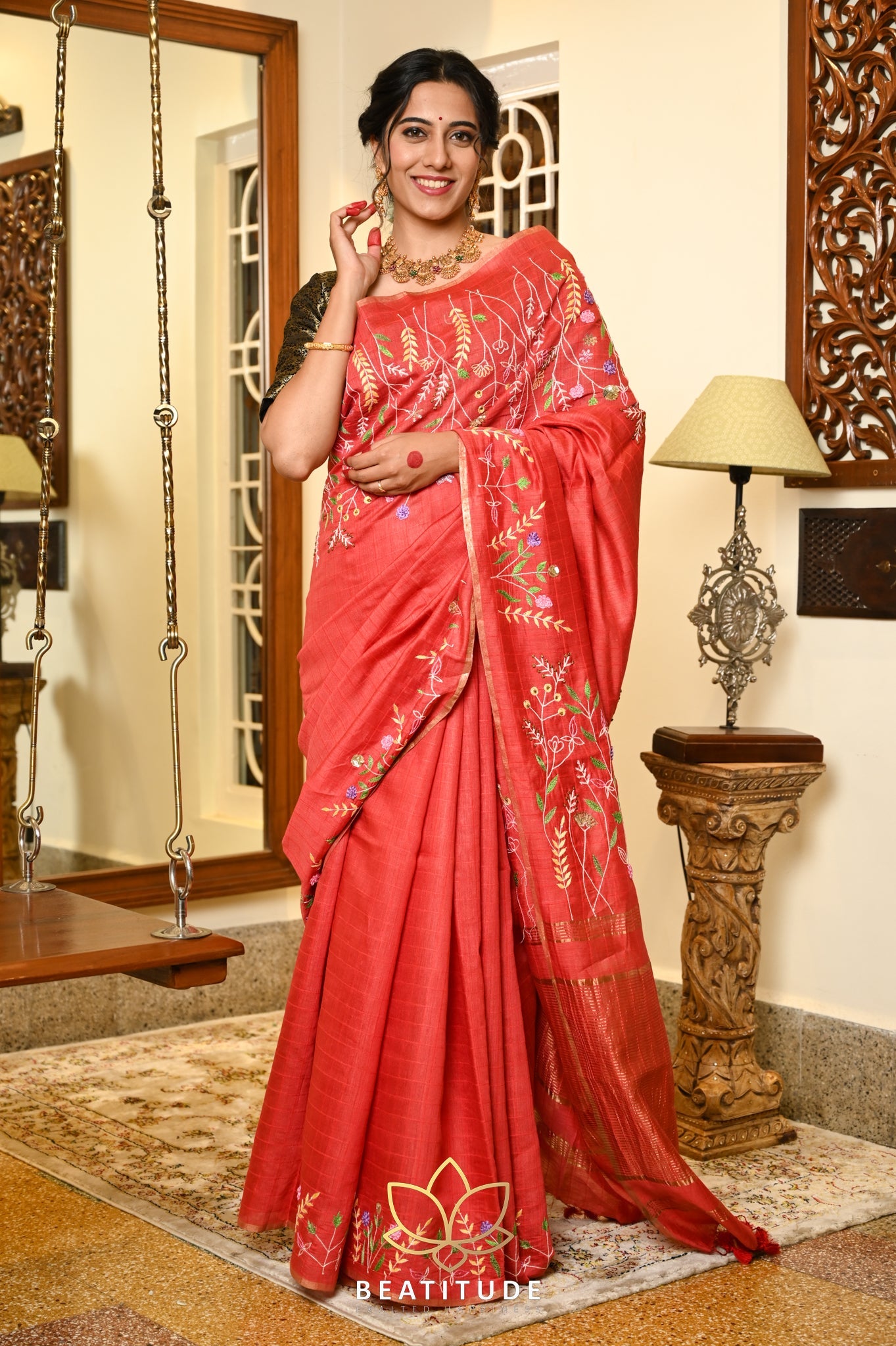Red handwoven Tussar Paper Silk Saree With Hand Embroidery