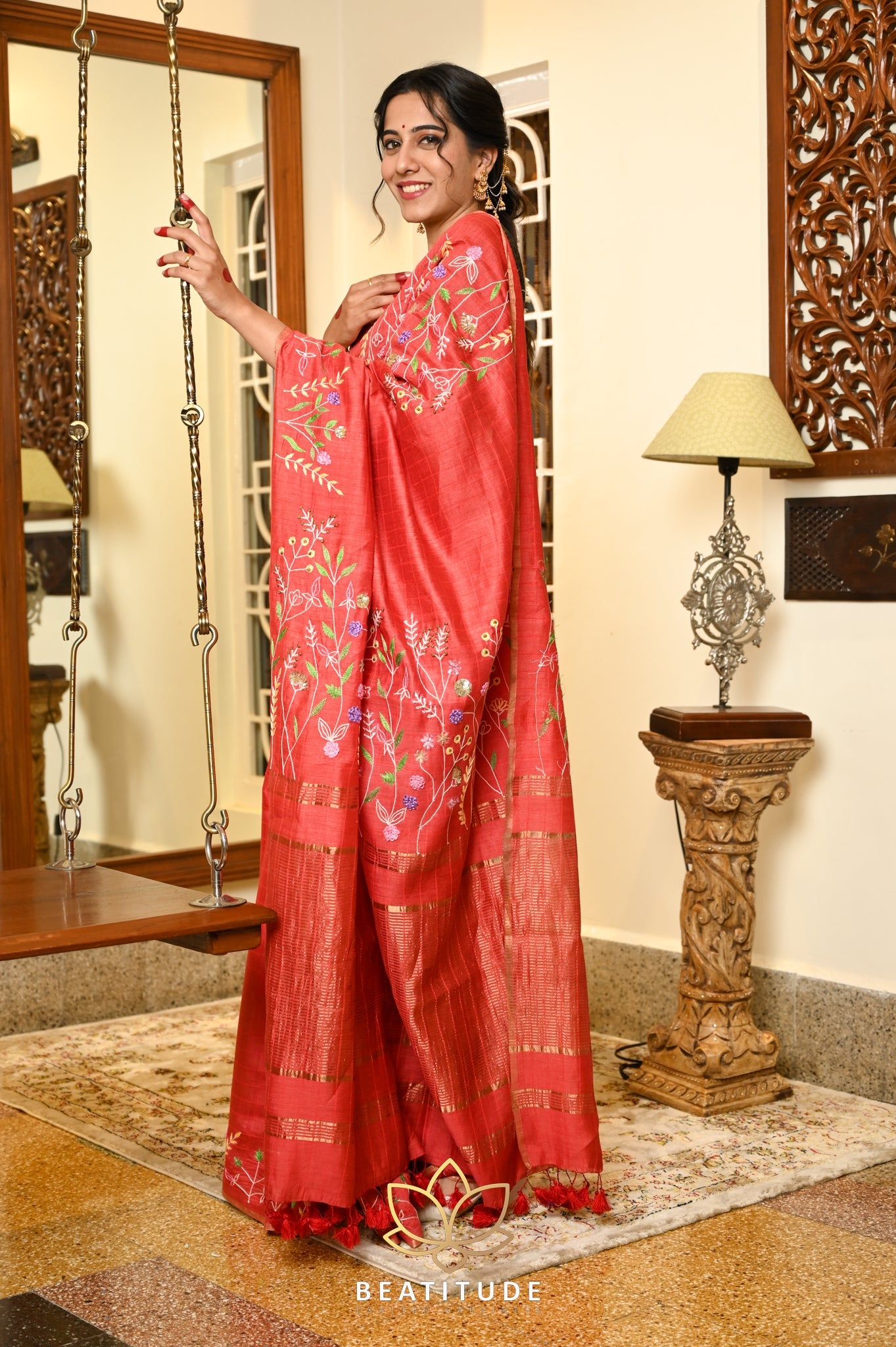Red handwoven Tussar Paper Silk Saree With Hand Embroidery
