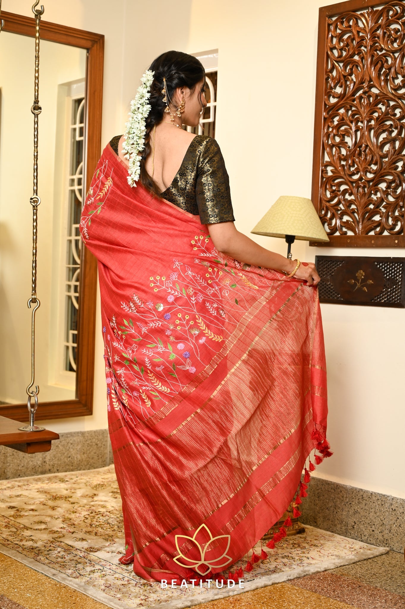 Red handwoven Tussar Paper Silk Saree With Hand Embroidery